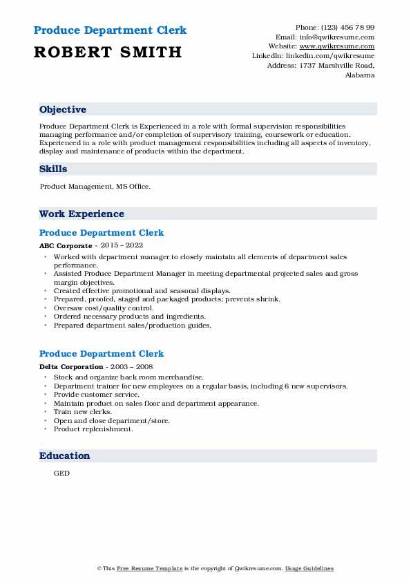 Produce Department Clerk Resume Samples | QwikResume