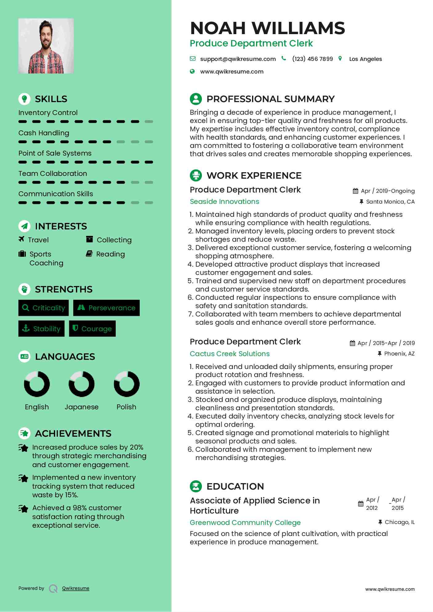 Produce Department Clerk Resume Format