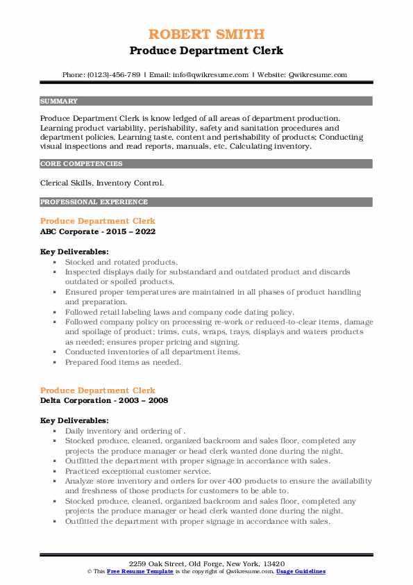 Produce Department Clerk Resume Samples QwikResume