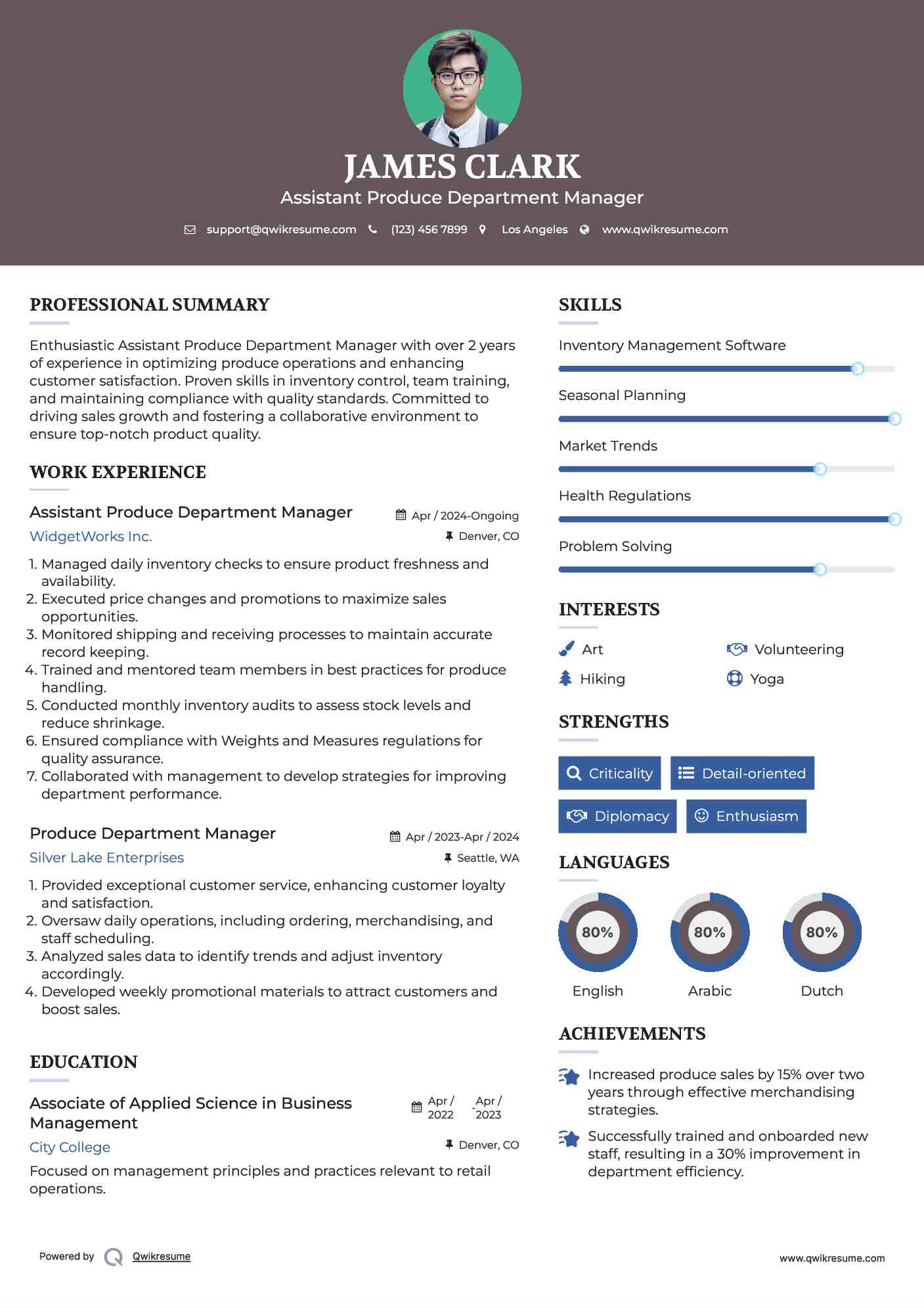 Assistant Produce Department Manager Resume Model