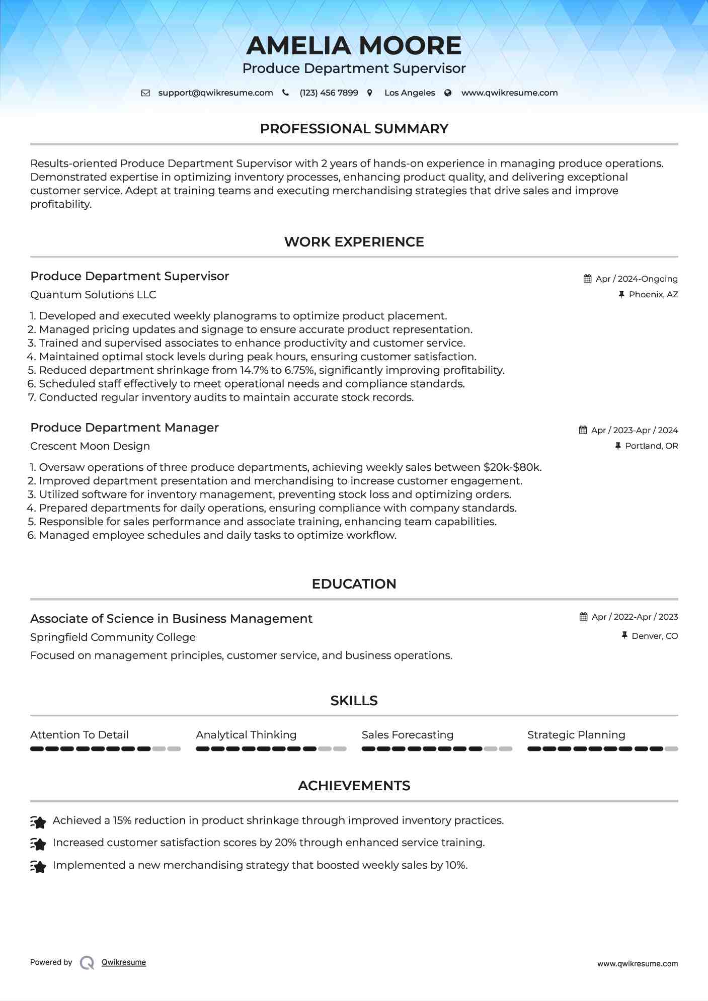 Produce Department Supervisor Resume Template