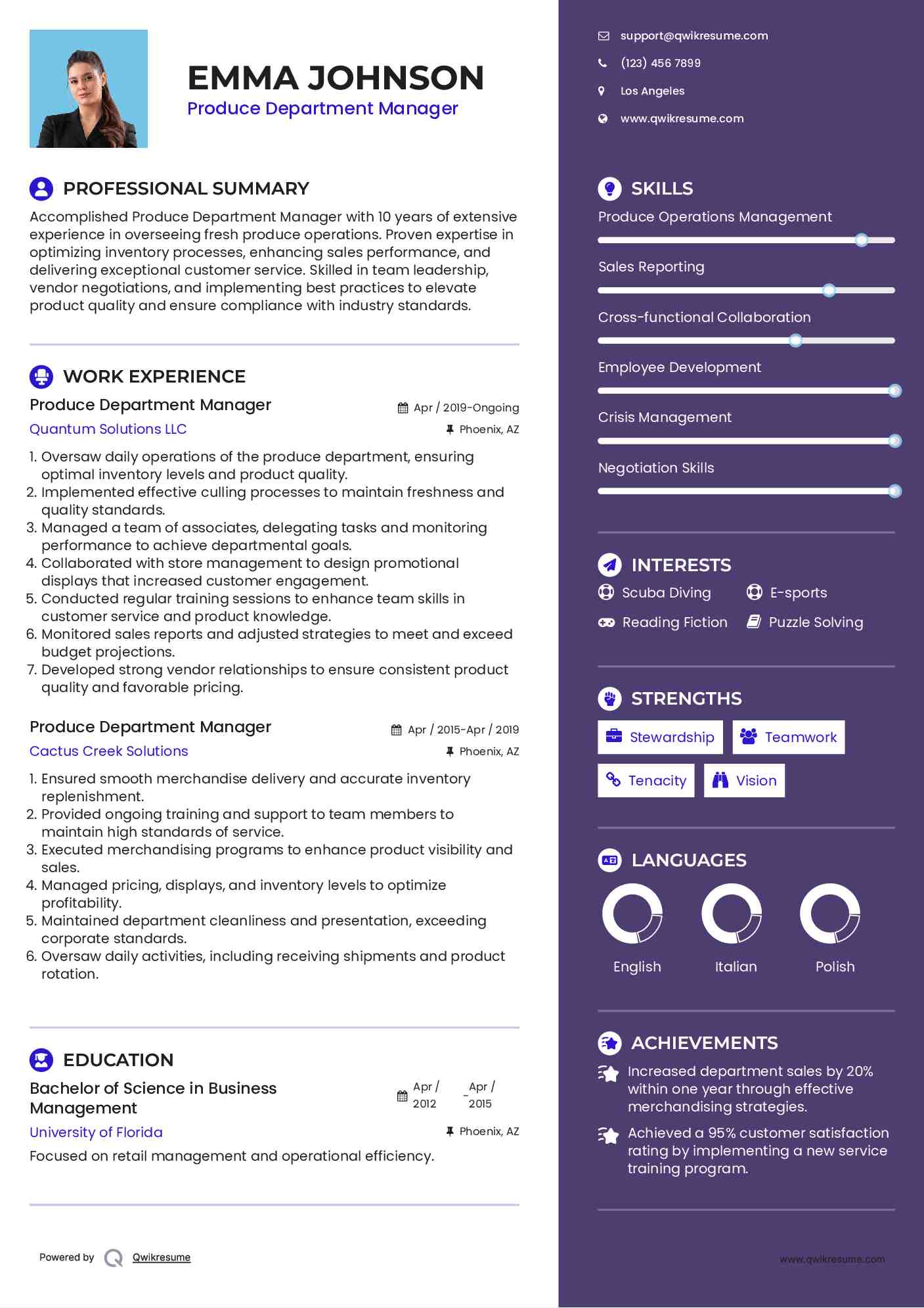 Produce Department Manager Resume Format