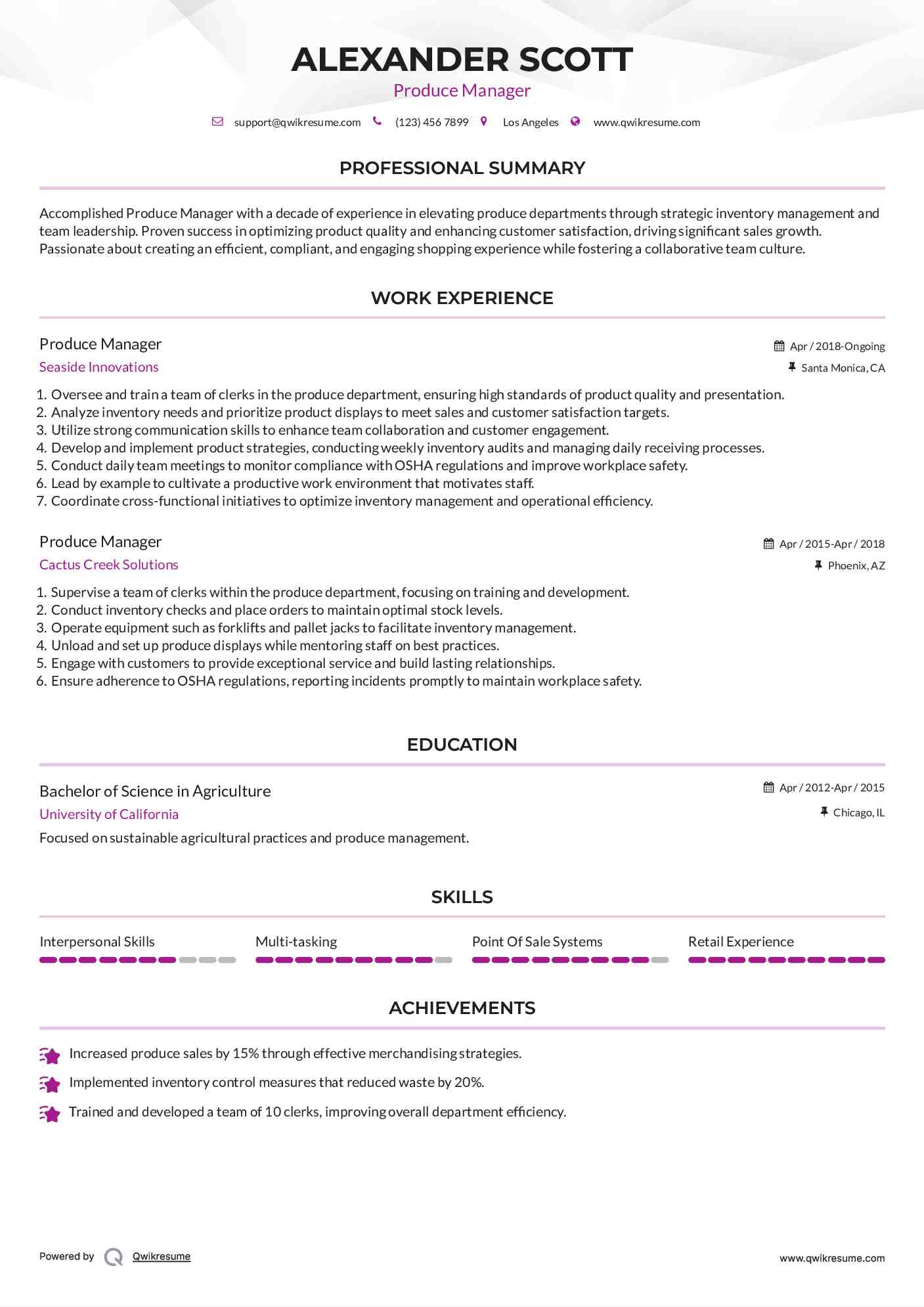 Produce Manager Resume Example