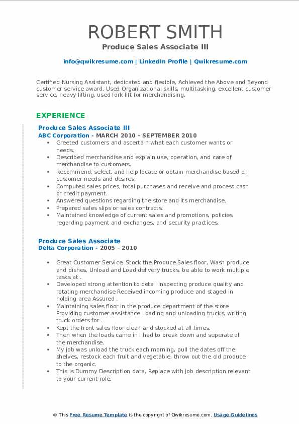 Produce Sales Associate Resume Samples QwikResume