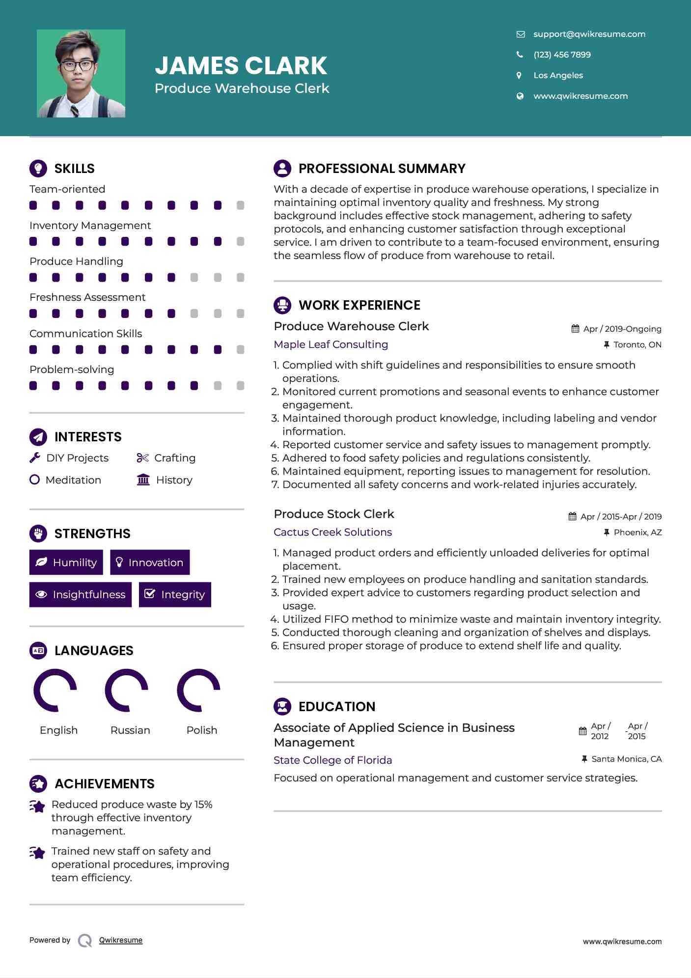 Produce Warehouse Clerk Resume Model