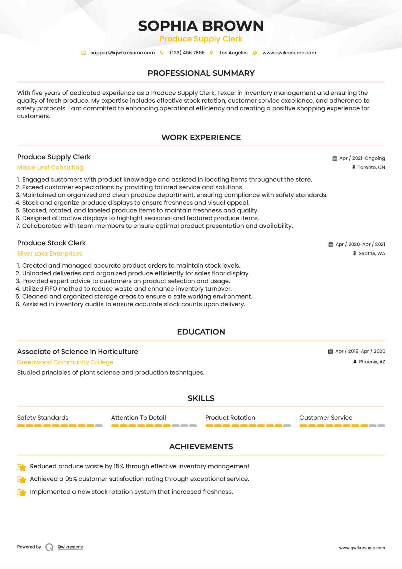 Produce Supply Clerk Resume Model