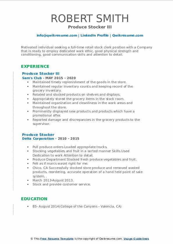 Produce Stocker Resume Samples QwikResume