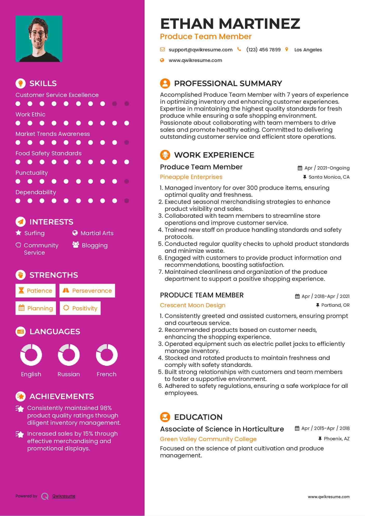 Produce Team Member Resume Samples QwikResume