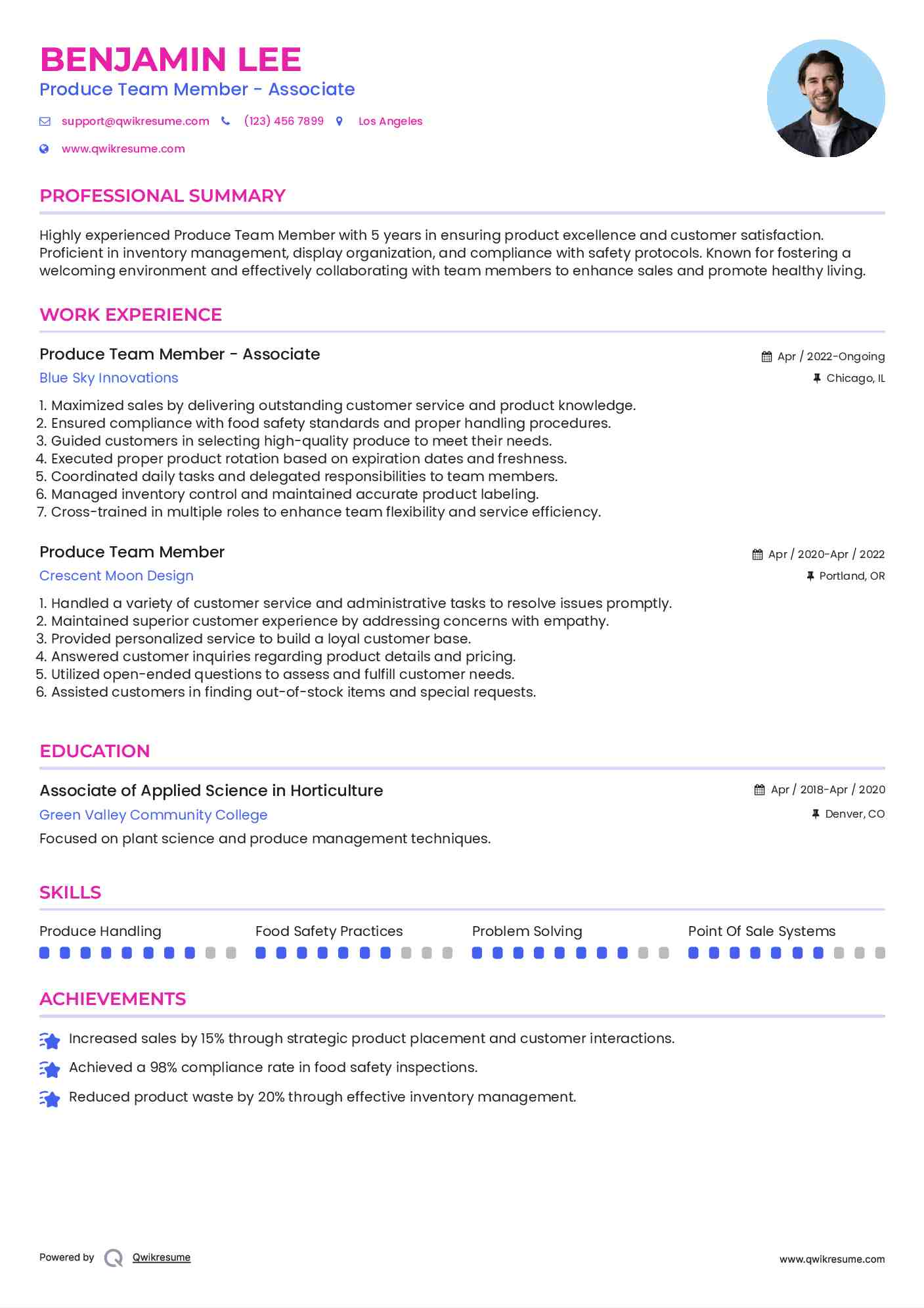 Produce Team Member - Associate Resume Example