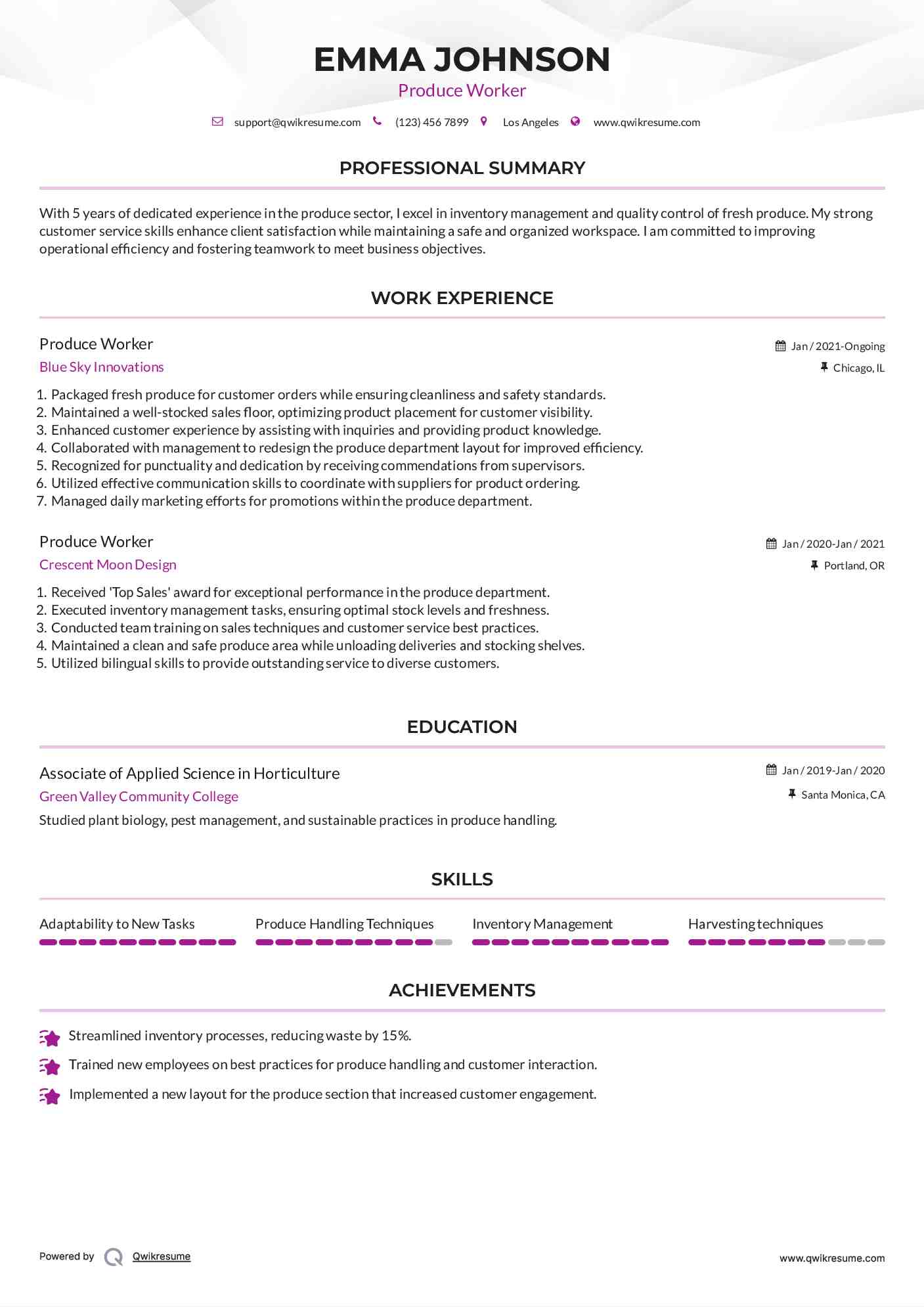 Produce Worker Resume Model