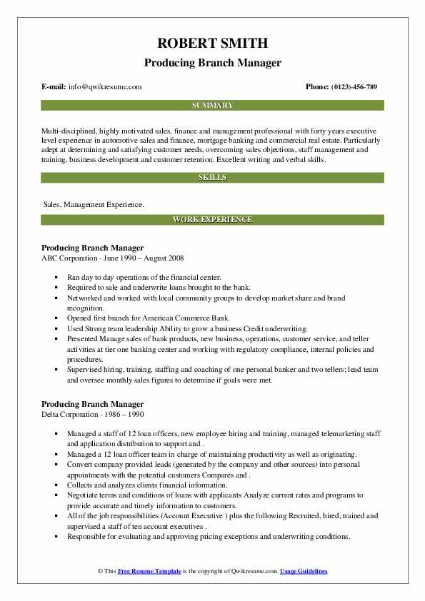 Producing Branch Manager Resume - Producing Branch Manager 1658720299 Pdf