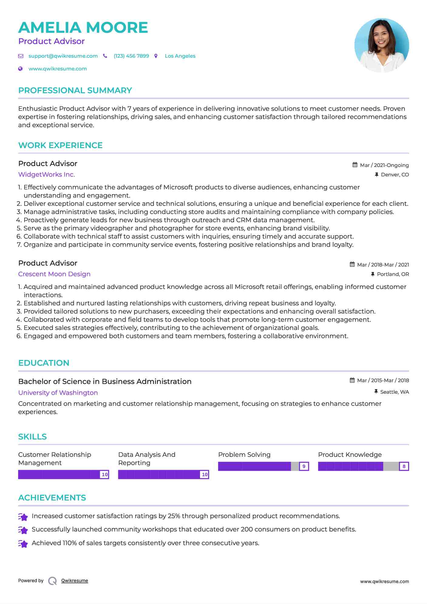 Product Advisor Resume Example