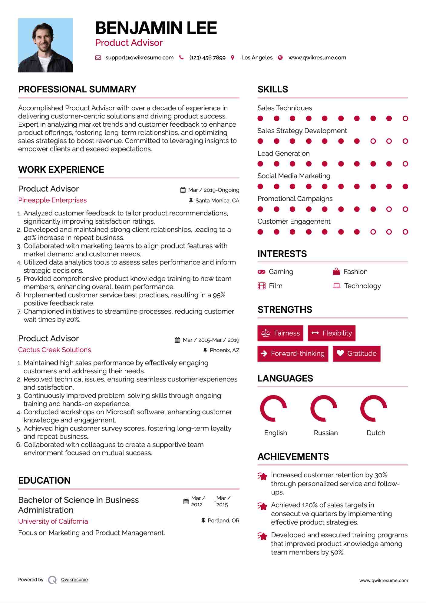 Product Advisor Resume Example