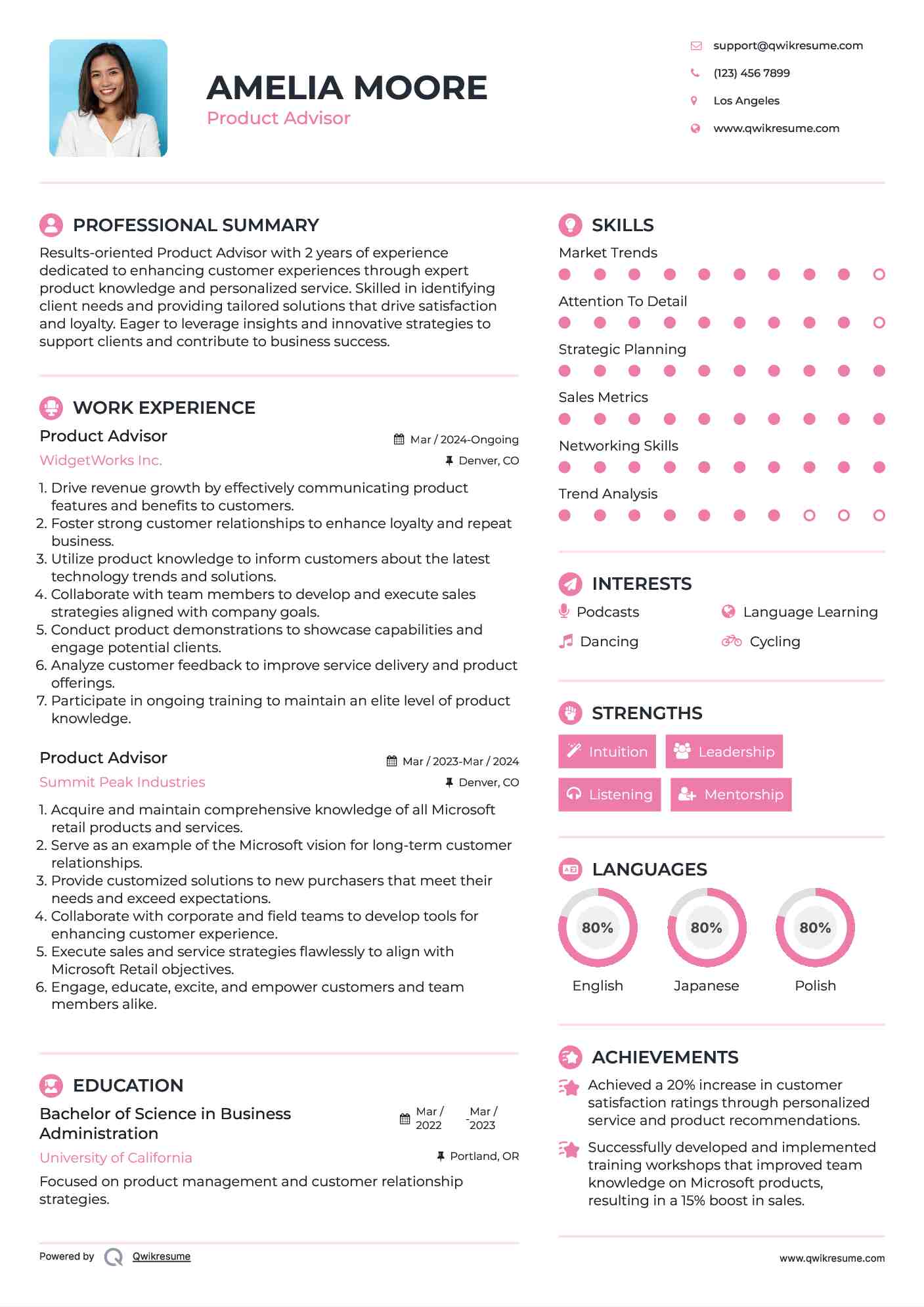 Product Advisor Resume Template