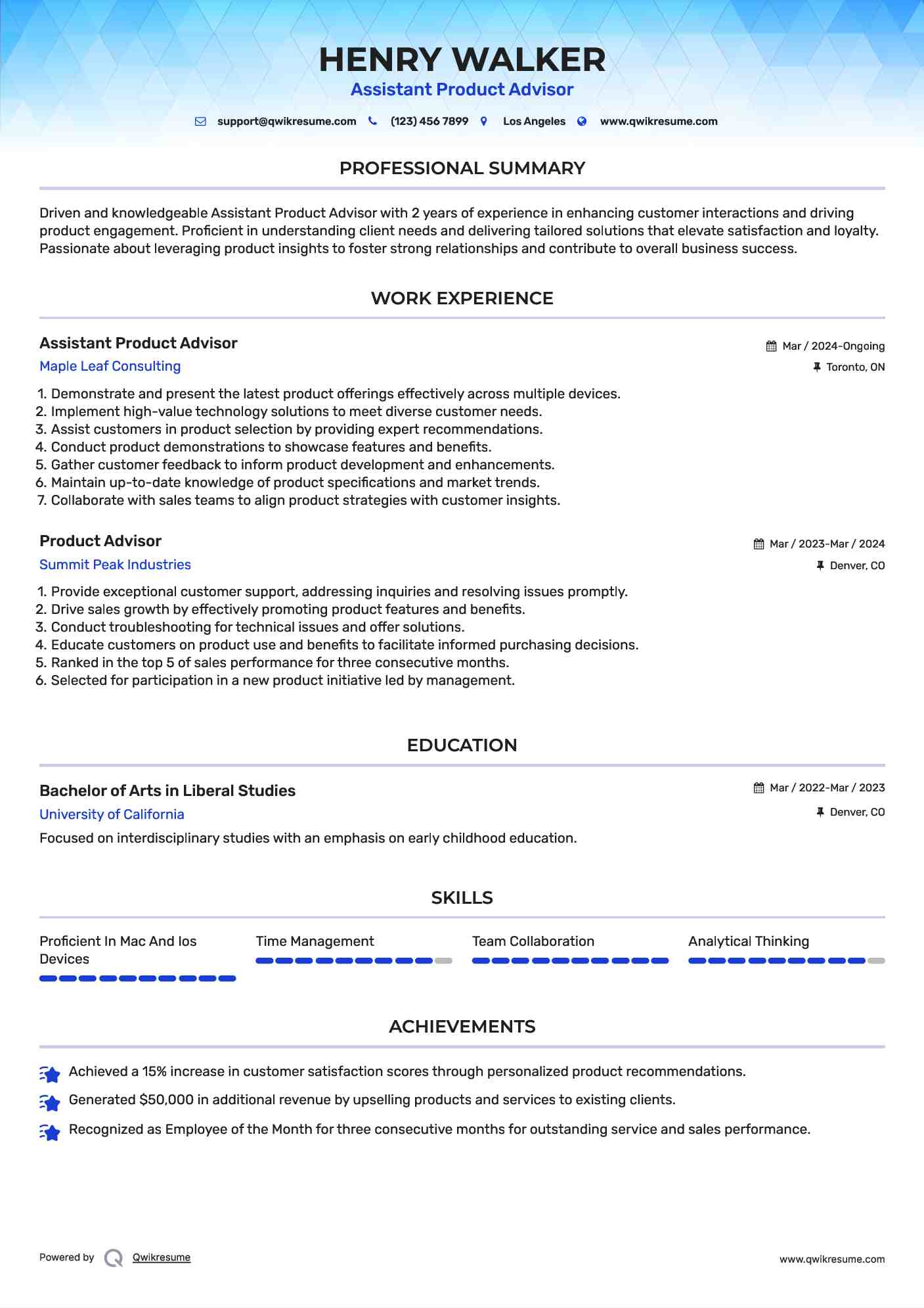 Assistant Product Advisor  Resume Model