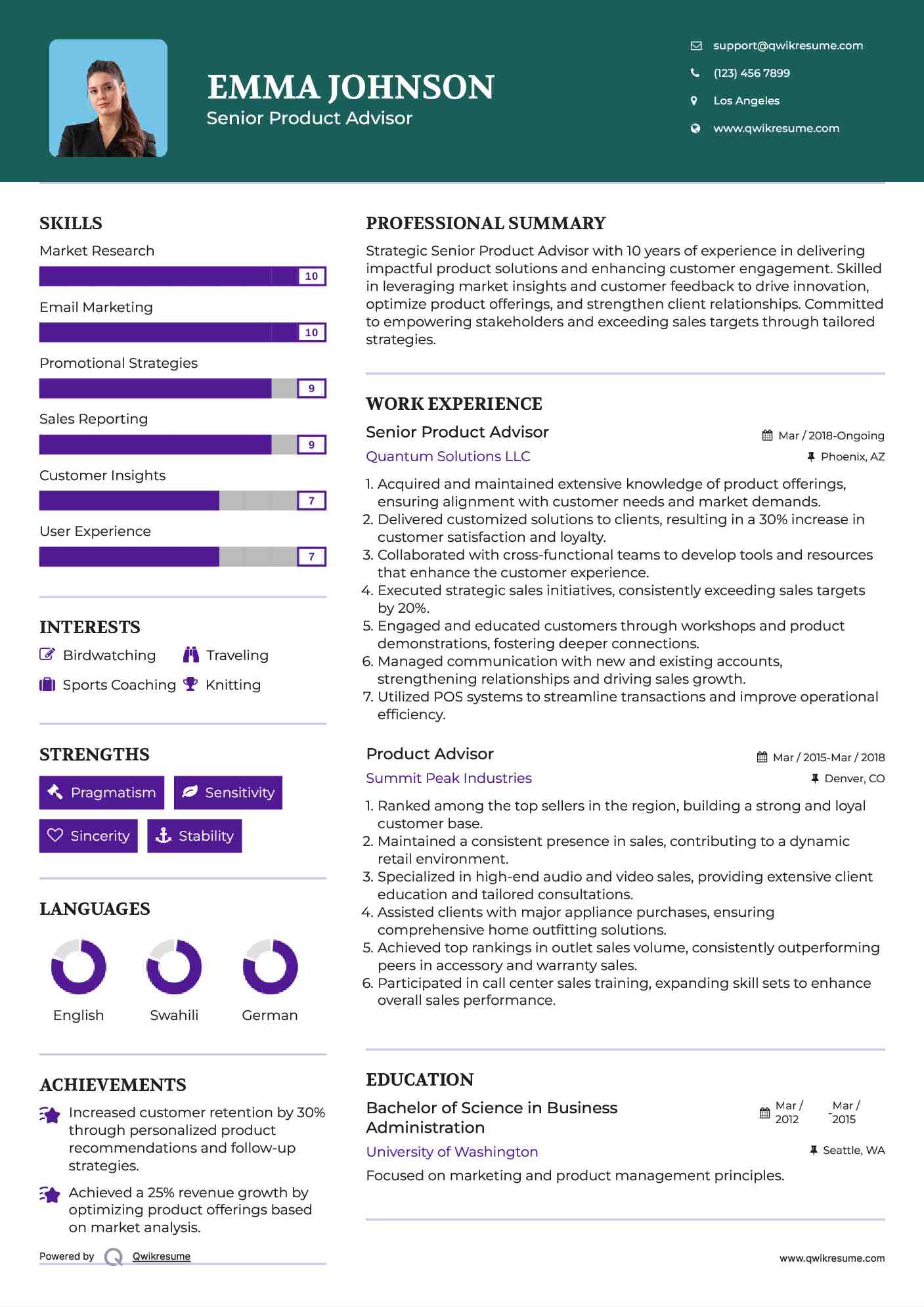 Senior Product Advisor Resume Model