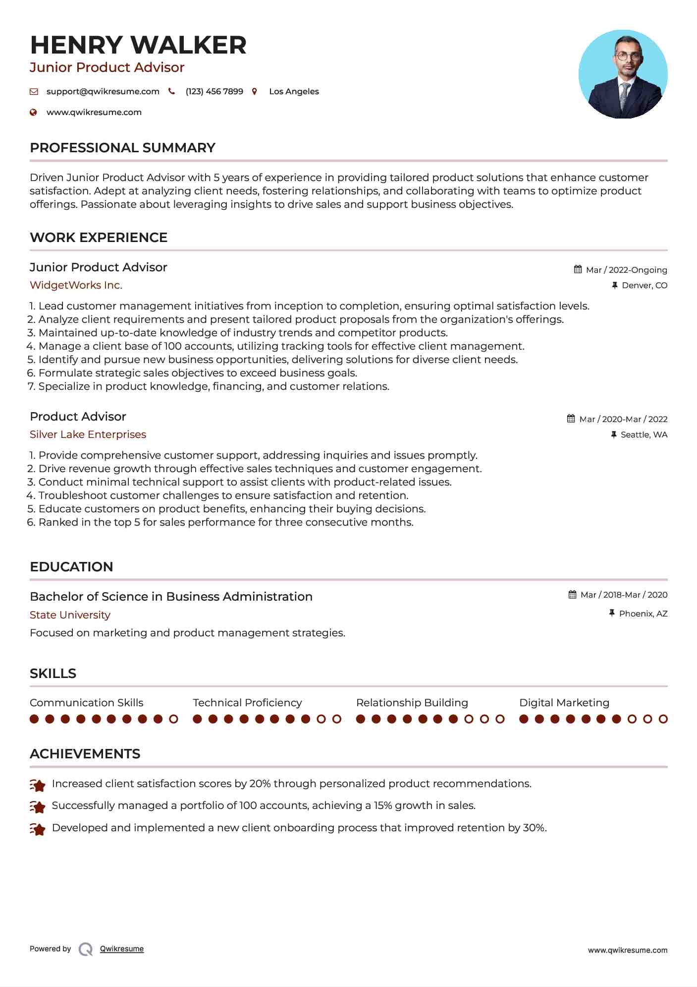 Junior Product Advisor  Resume Model