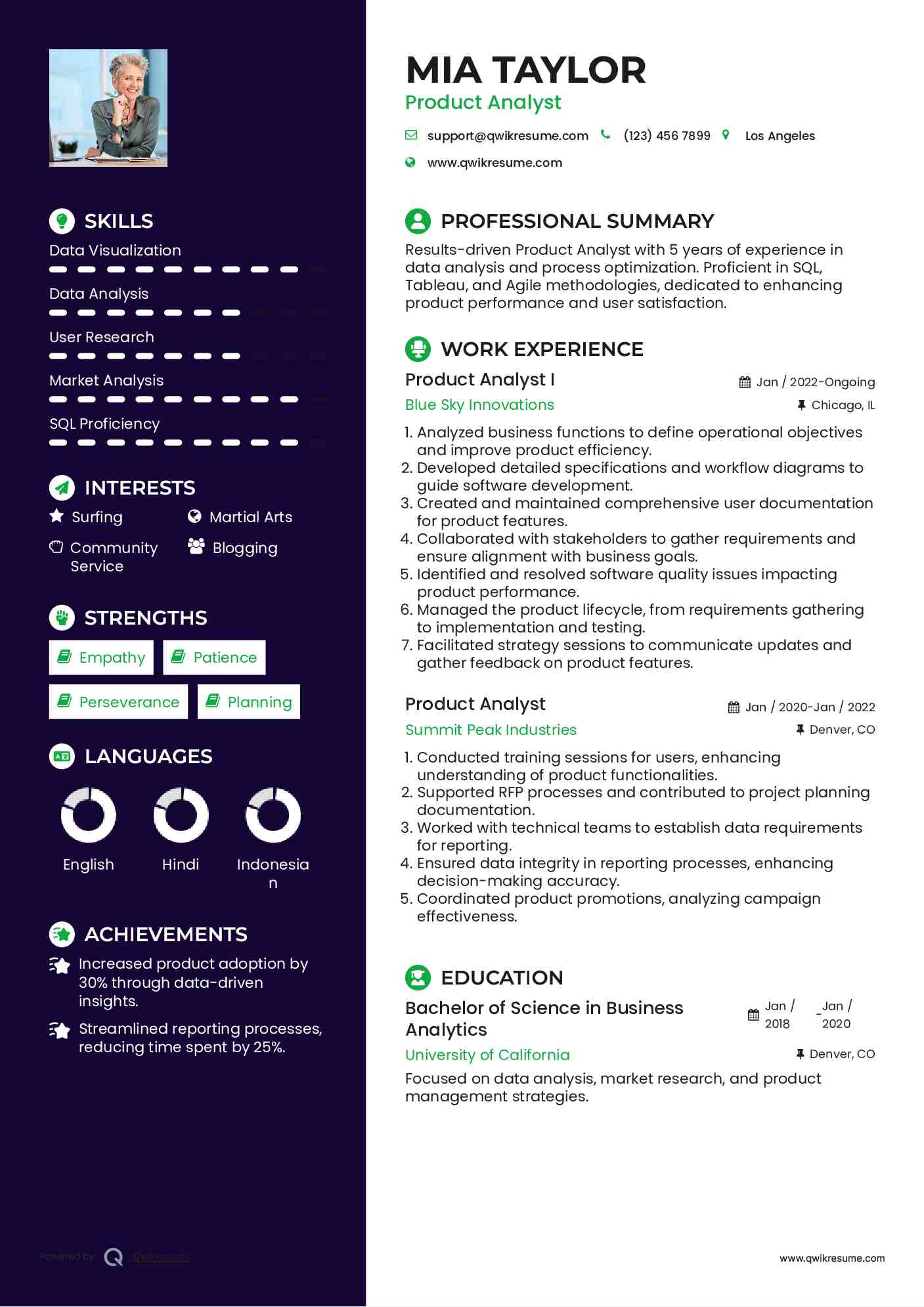 Product Analyst I Resume Format