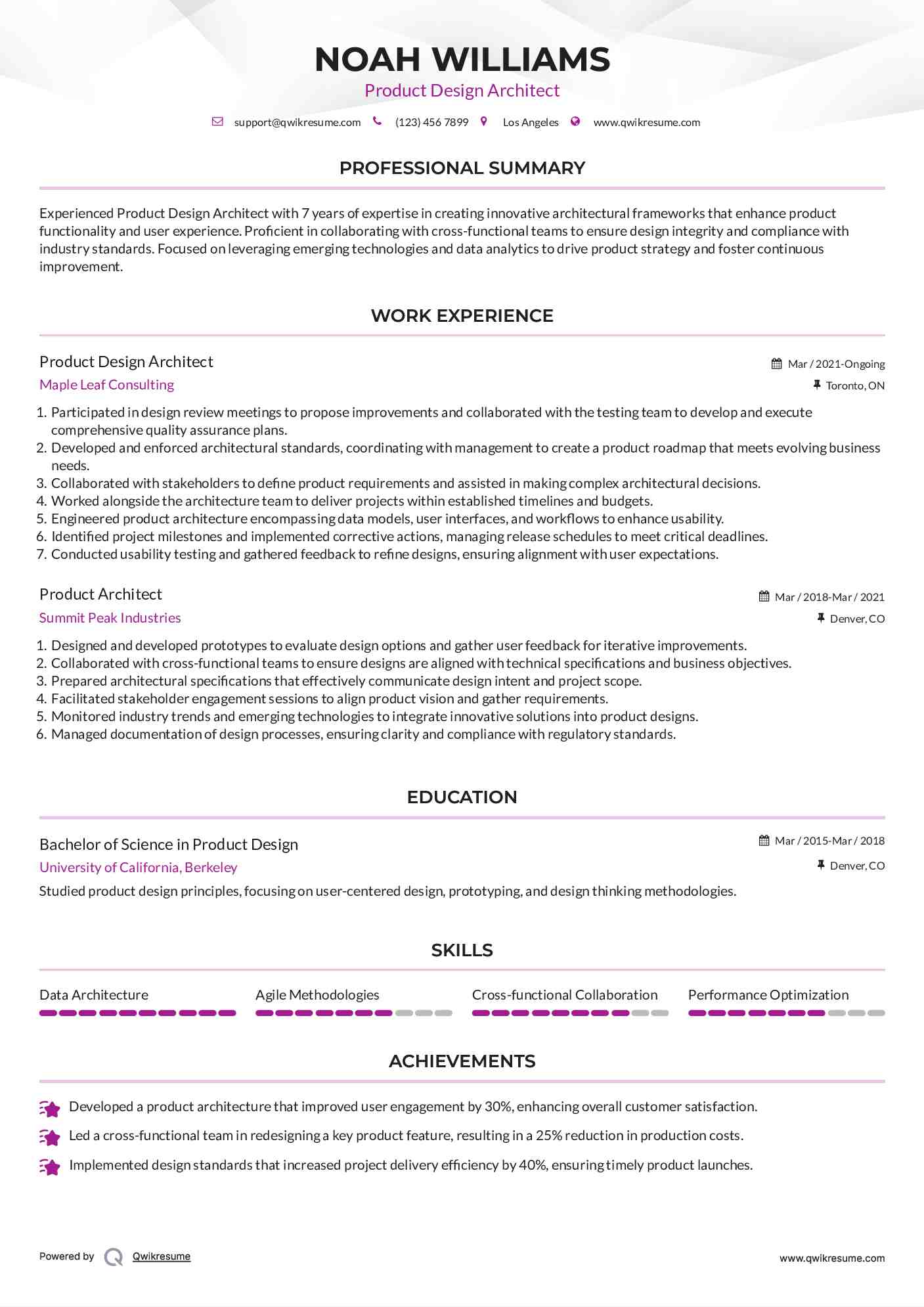 Product Design Architect Resume Example