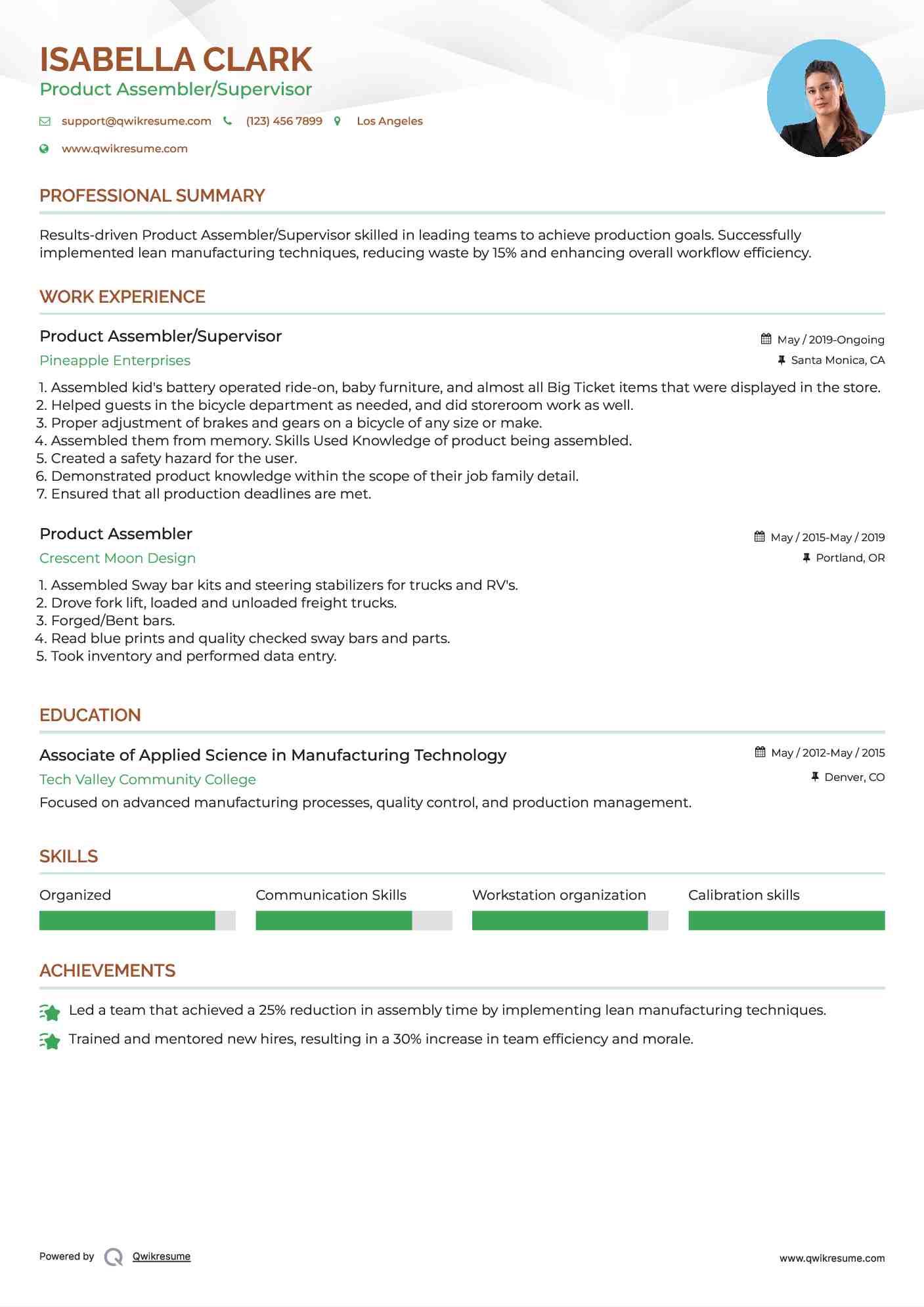 Product Assembler/Supervisor Resume Template