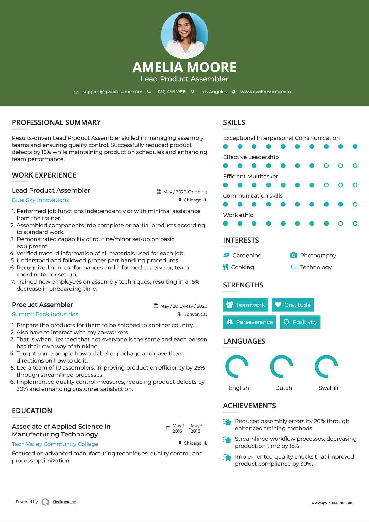 Lead Product Assembler Resume Template