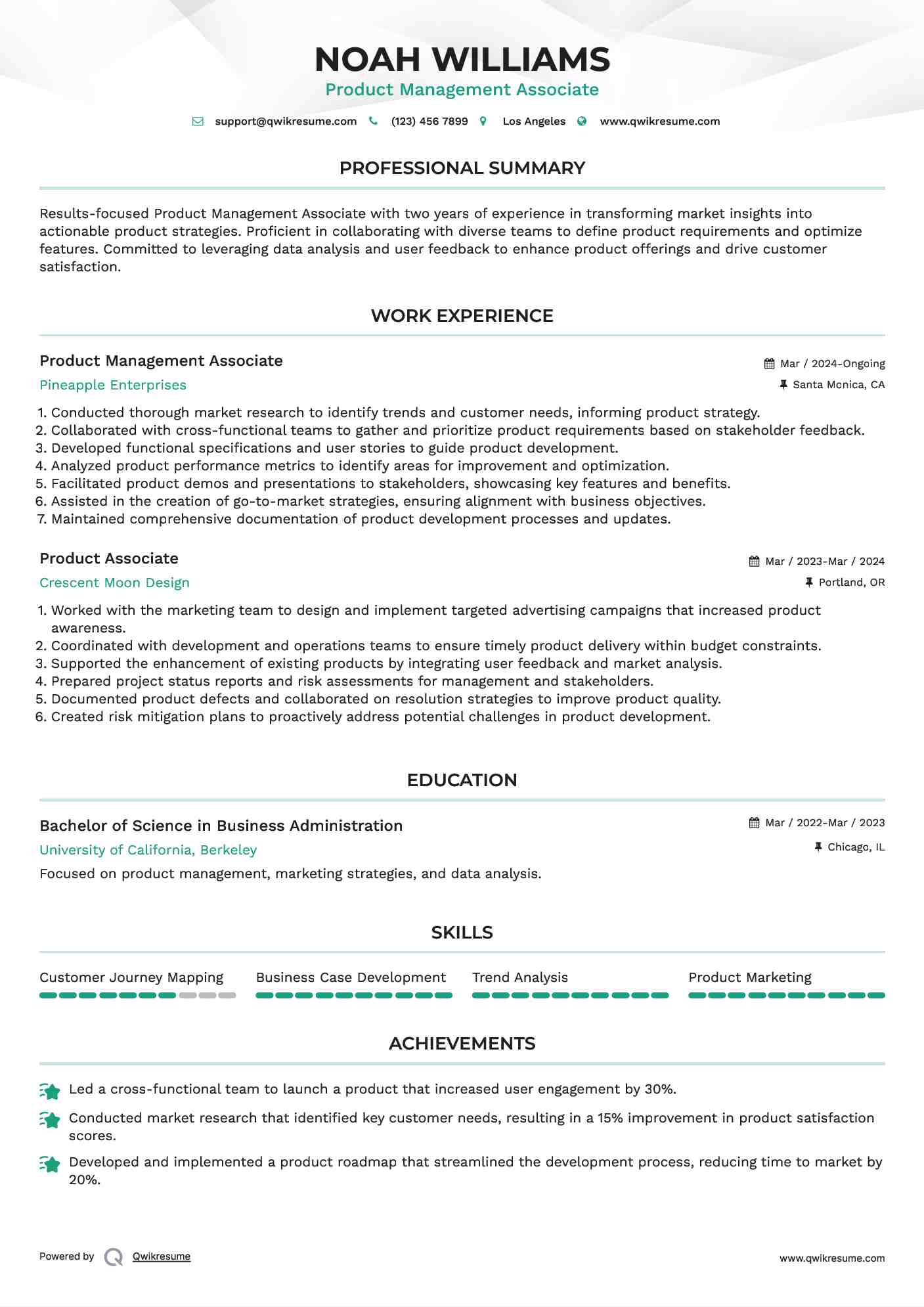 Product Management Associate Resume Format