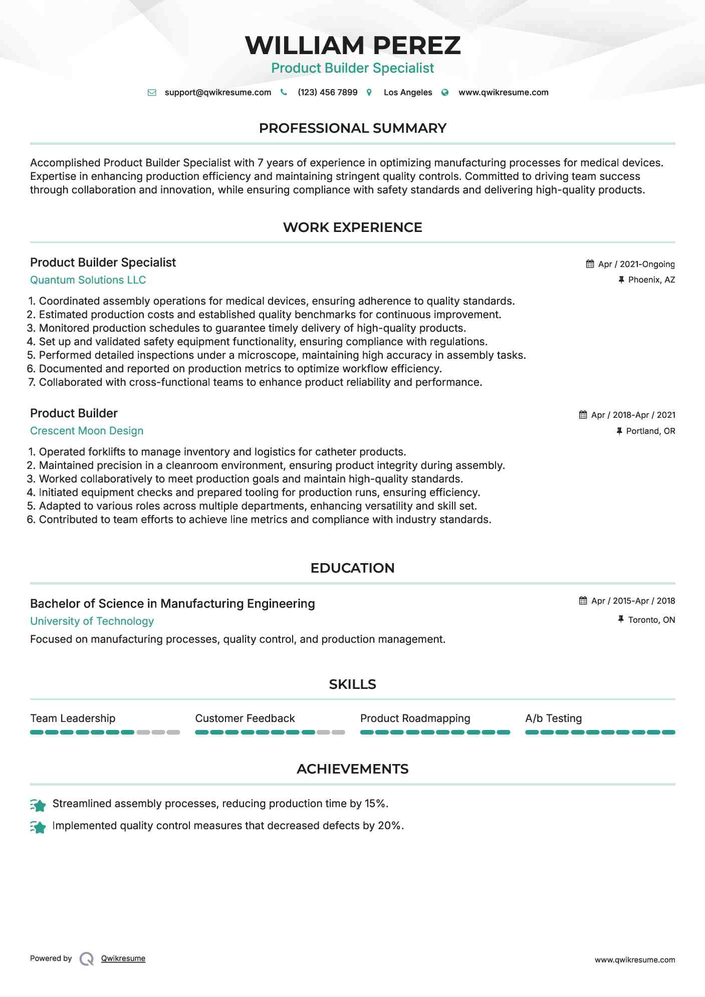 Product Builder Specialist Resume Example