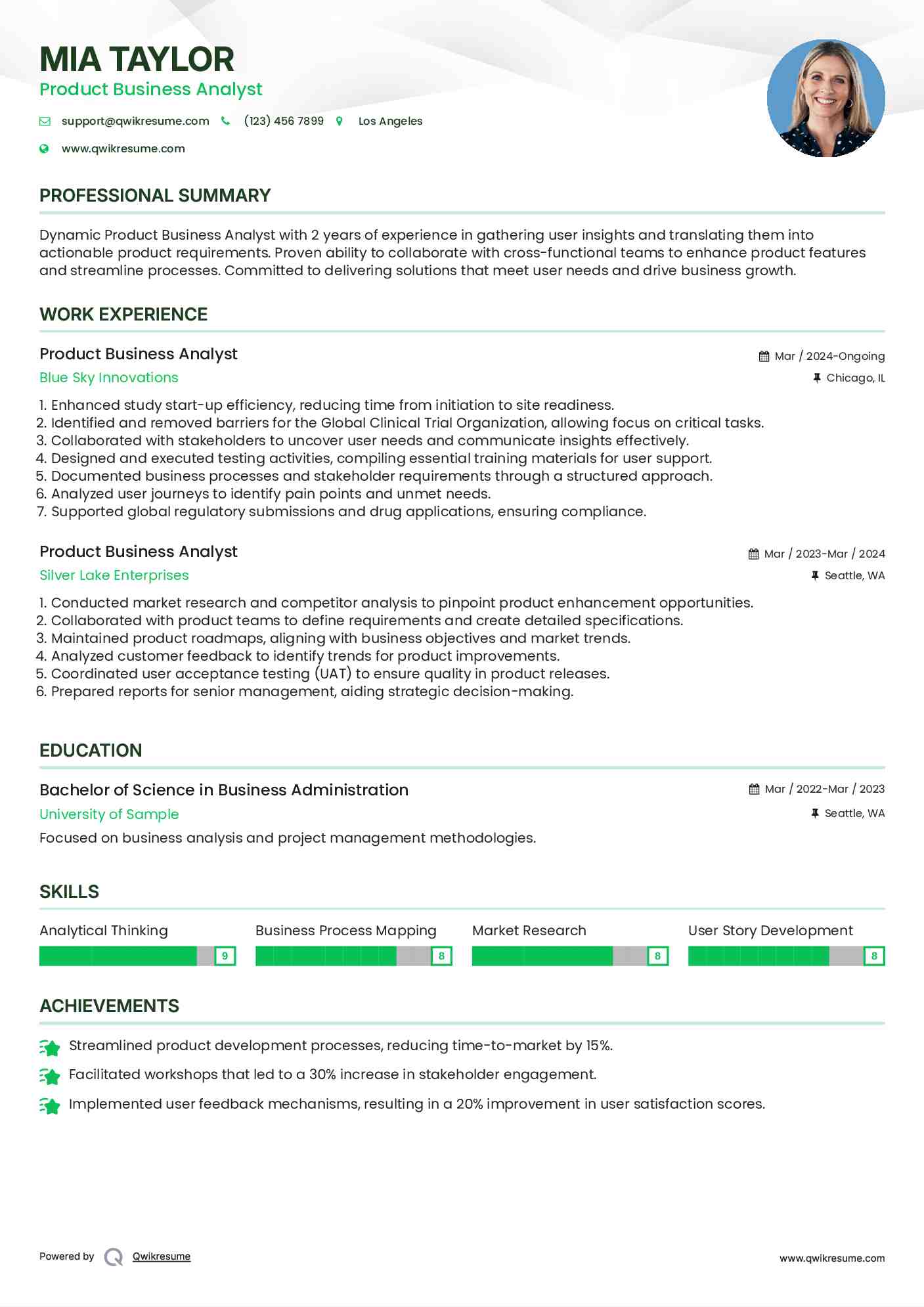 Product Business Analyst Resume Template