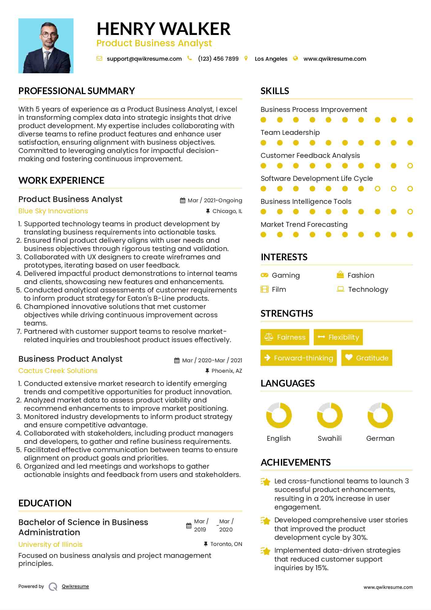 Product Business Analyst Resume Sample