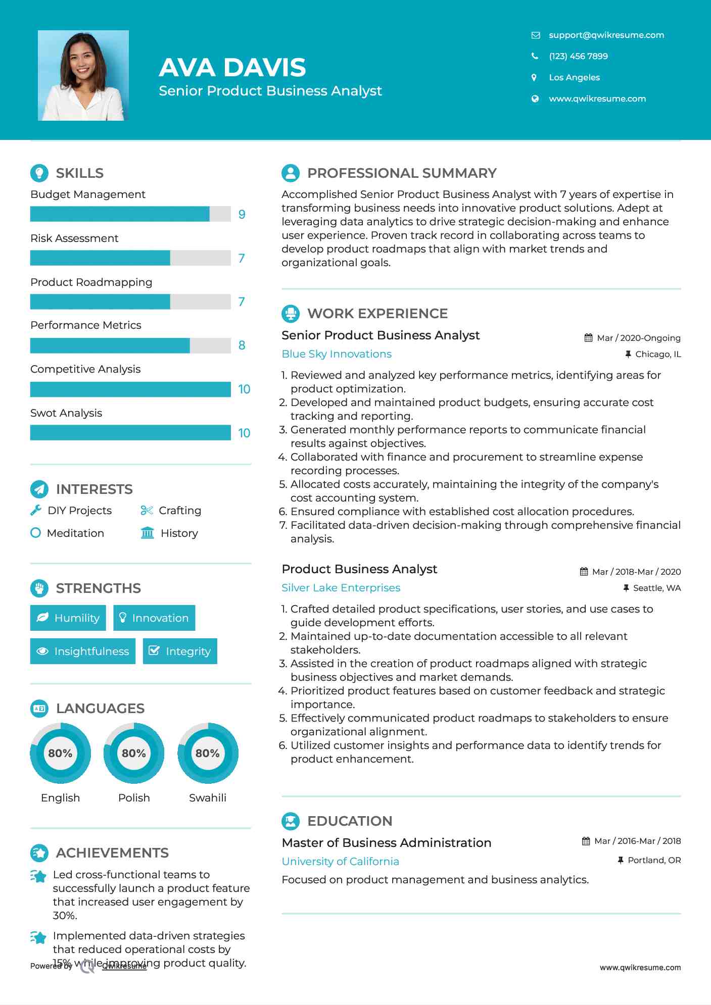 Senior Product Business Analyst Resume Model