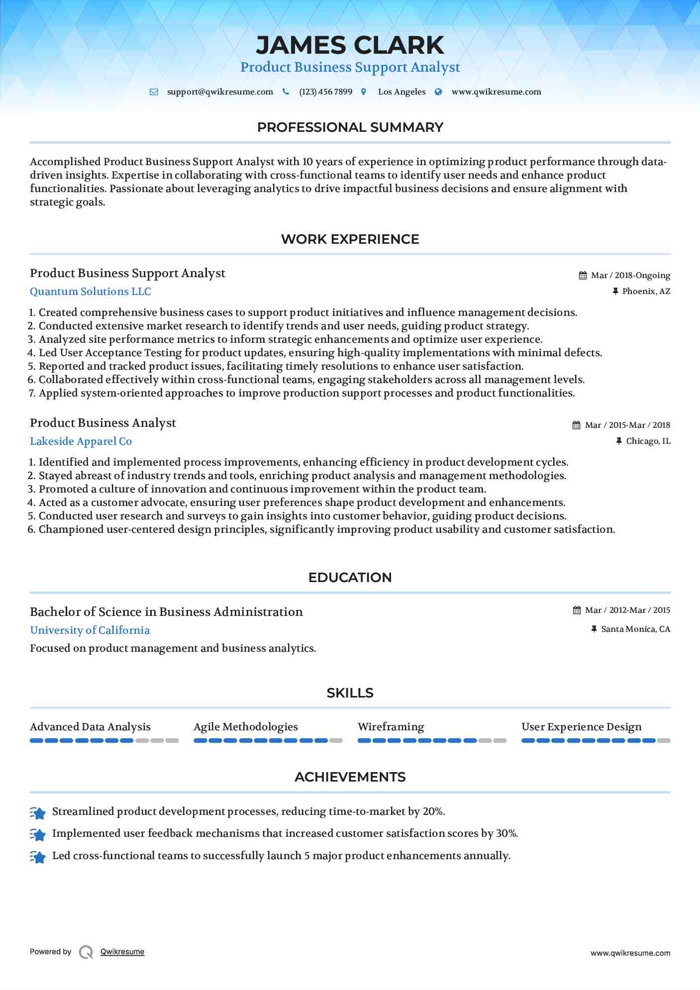 Product Business Support Analyst Resume Example