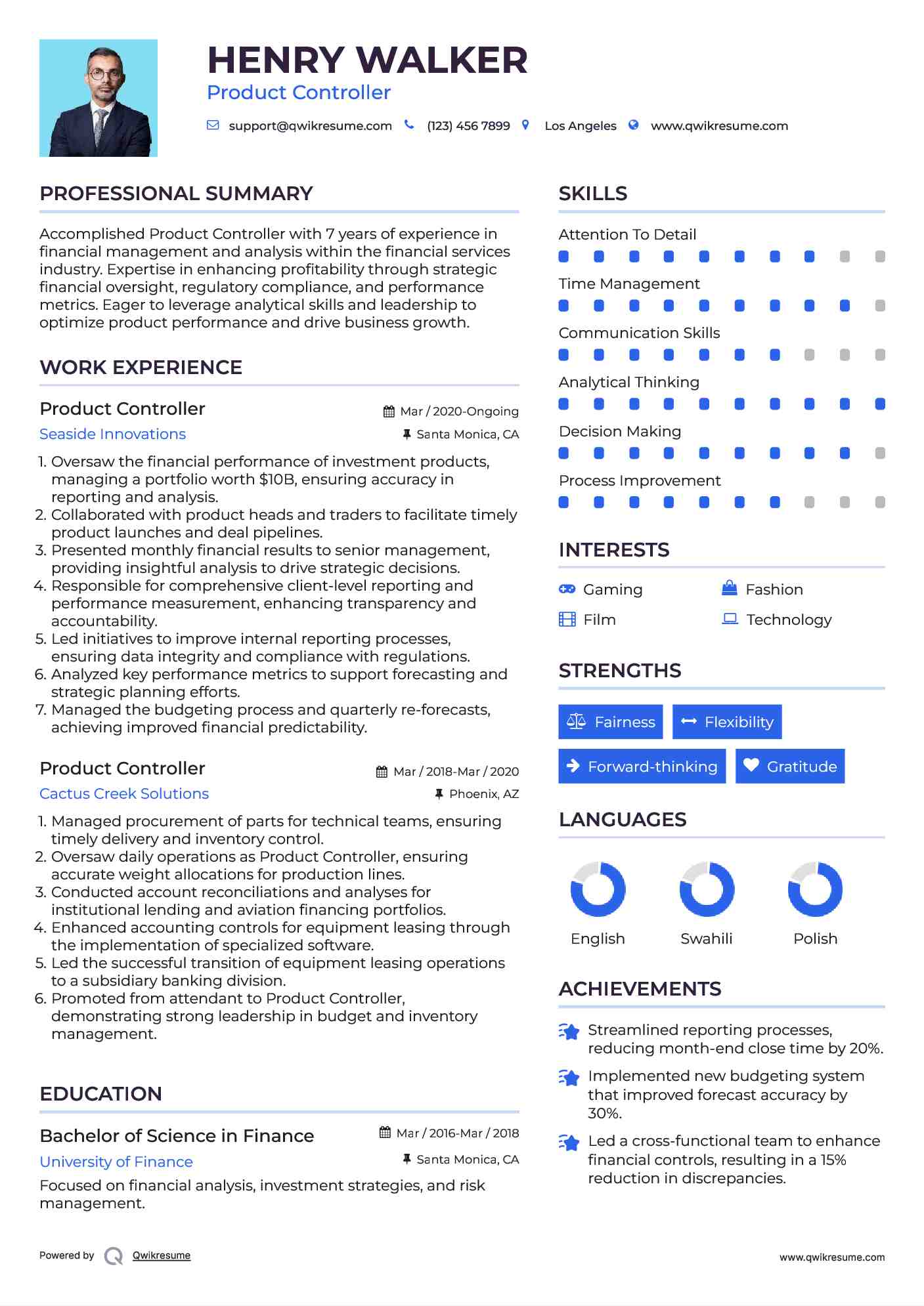 Product Controller Resume Example