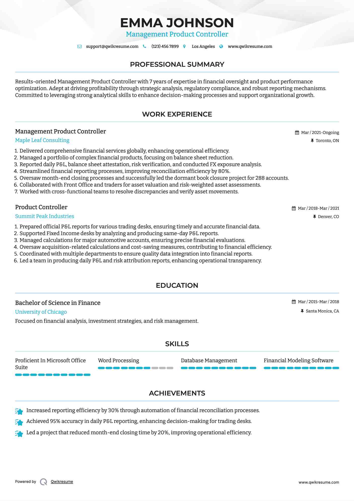 Management Product Controller Resume Sample