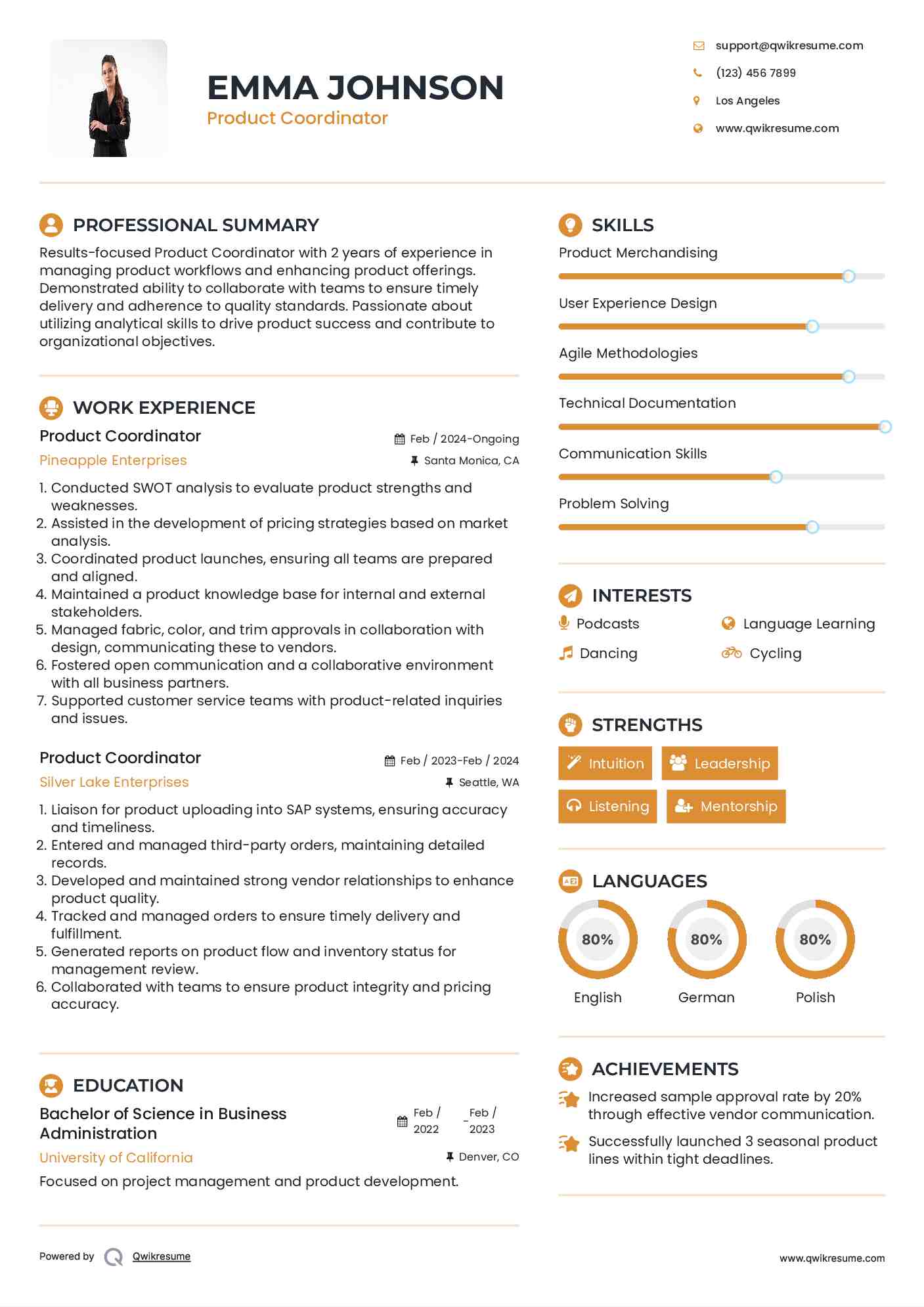 Product Coordinator Resume Sample