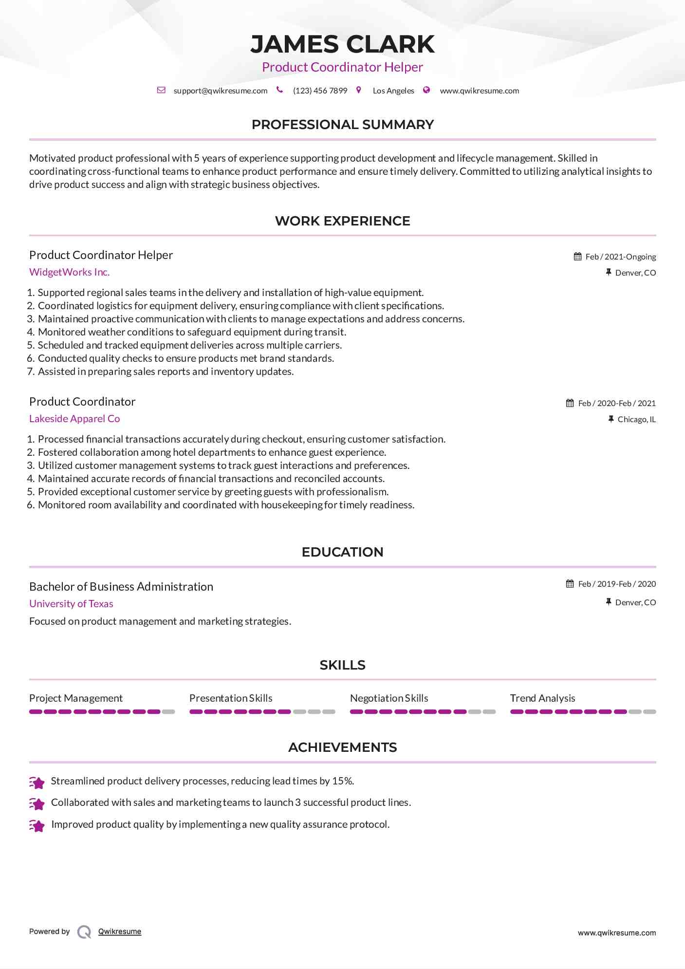 Product Coordinator Helper Resume Sample