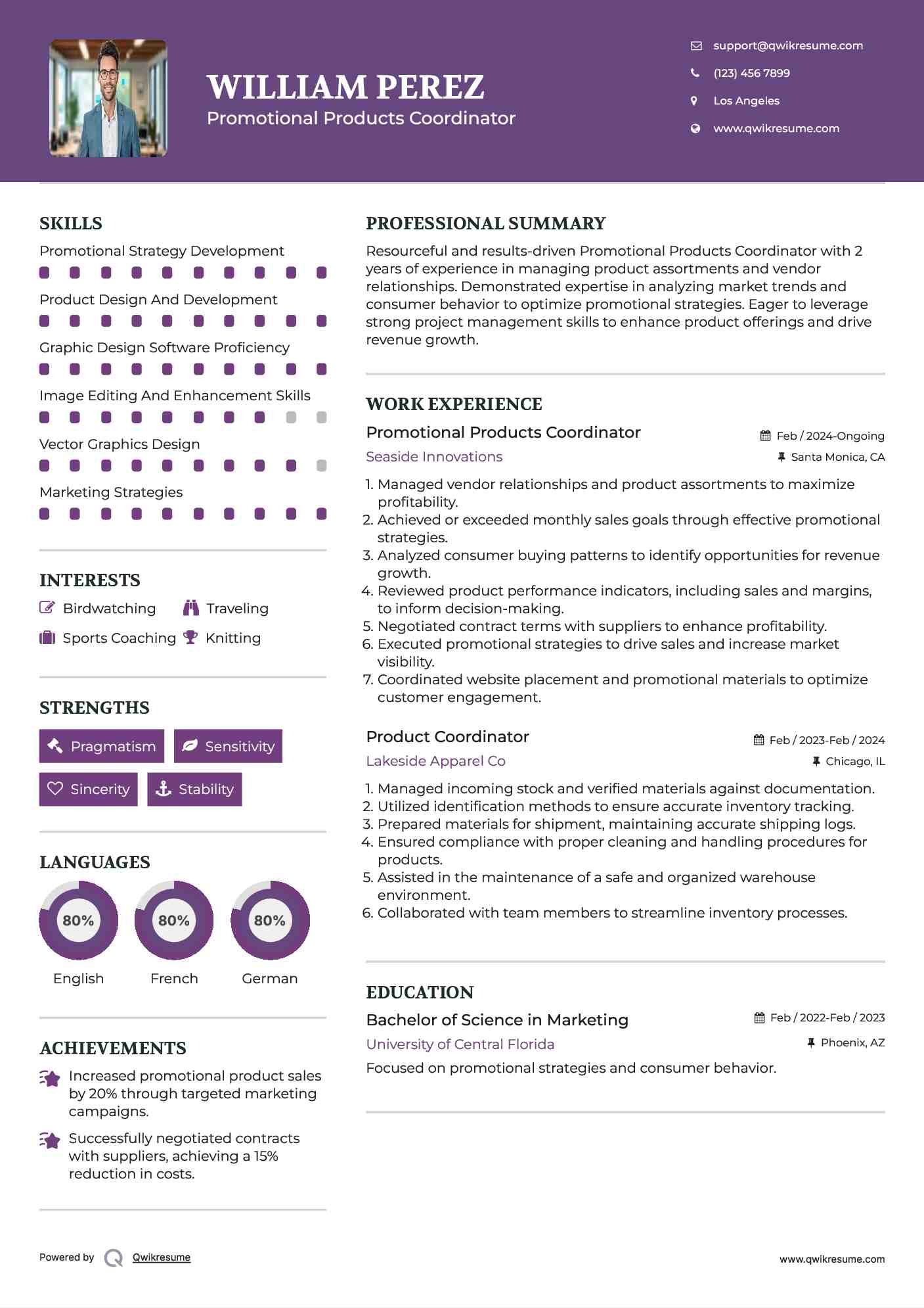Promotional Products Coordinator Resume Example