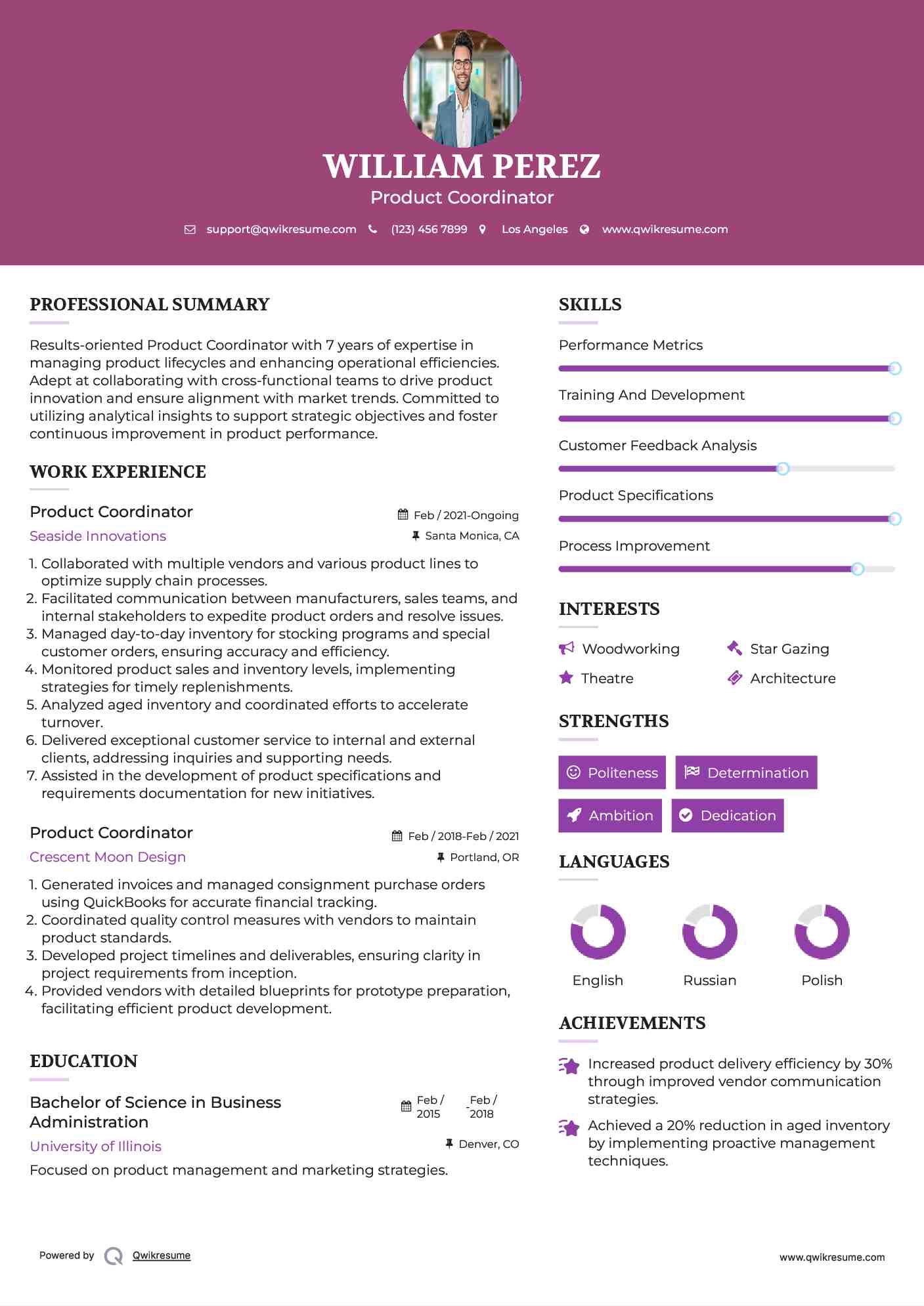 Product Coordinator Resume Model