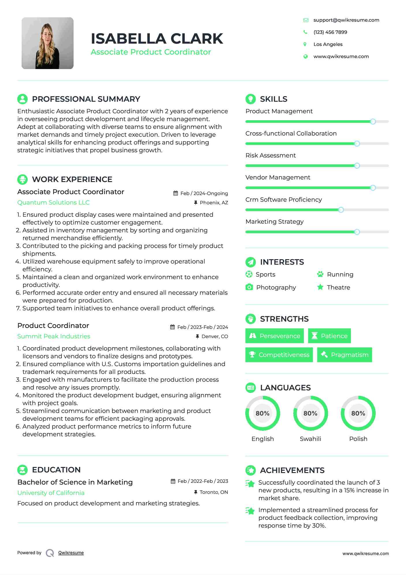 Associate Product Coordinator  Resume Format