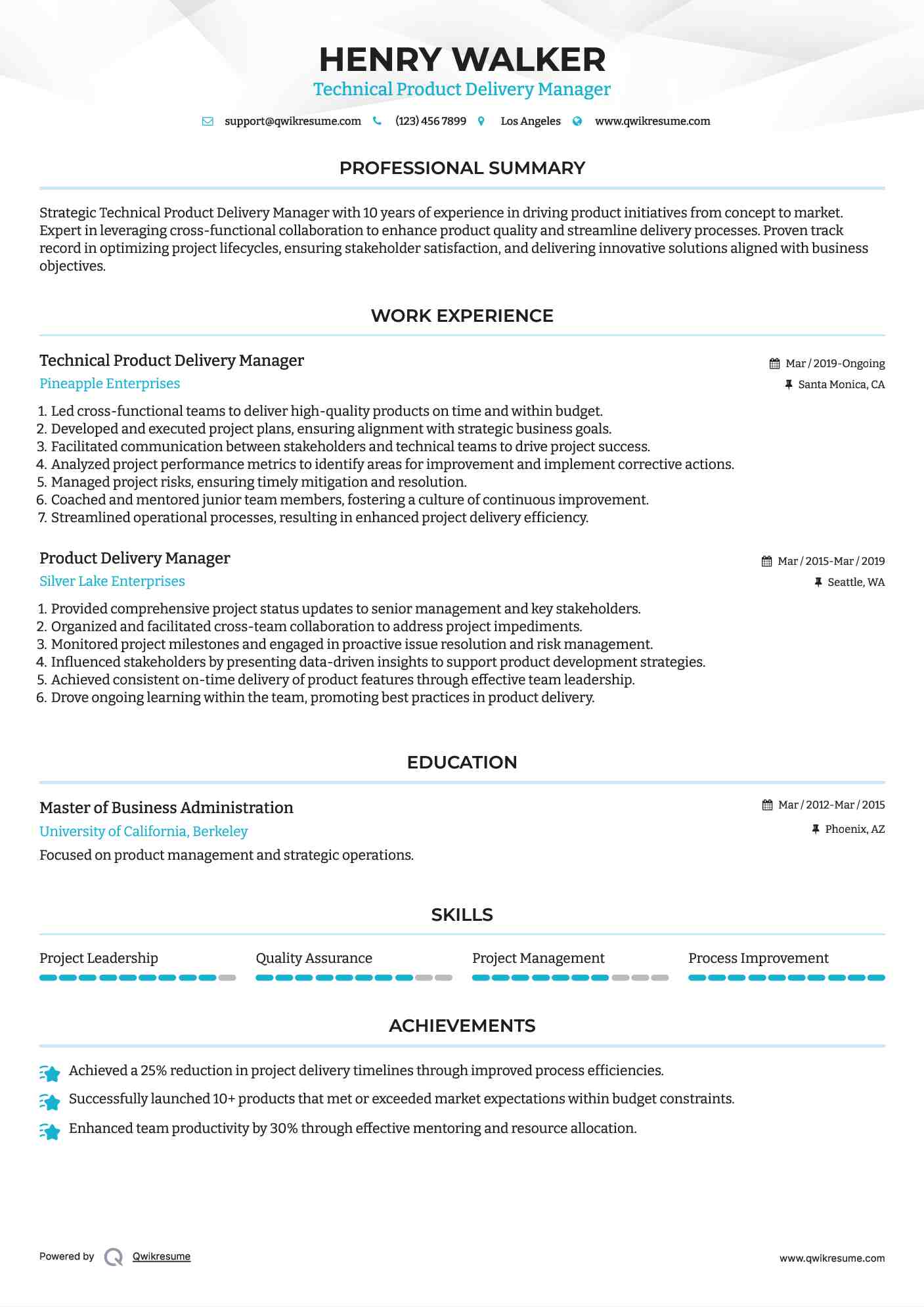 Technical Product Delivery Manager
 Resume Model