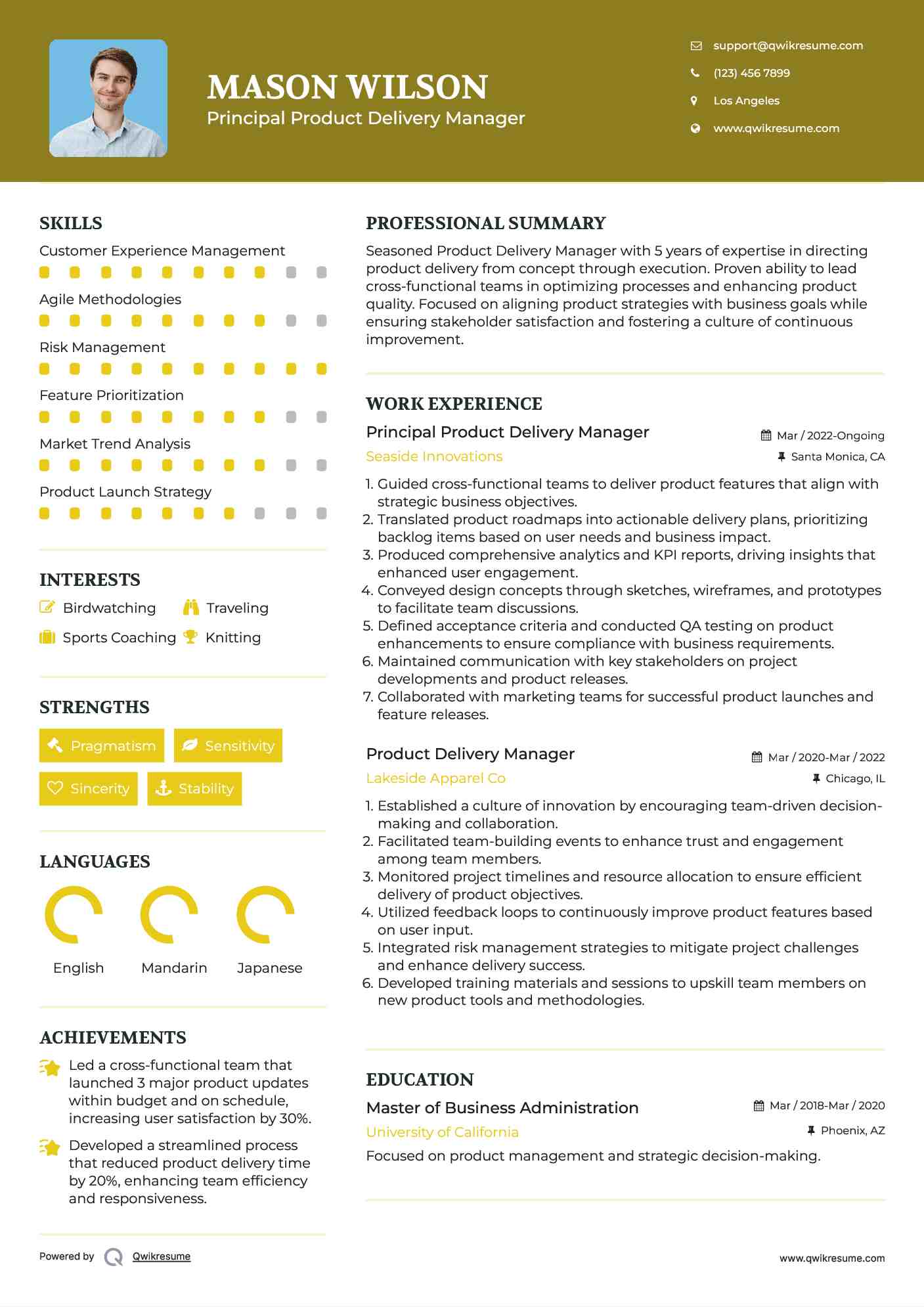 Principal Product Delivery Manager Resume Model