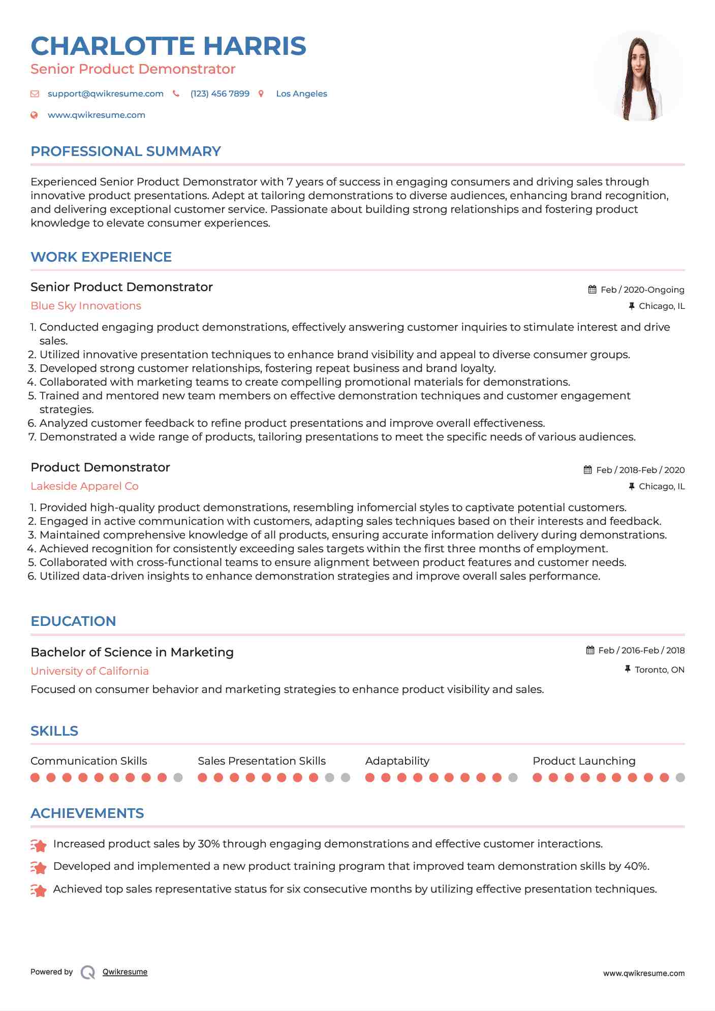 Senior Product Demonstrator  Resume Template