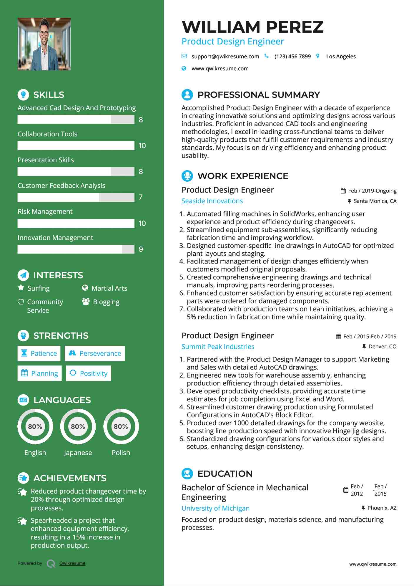 Product Design Engineer Resume Example