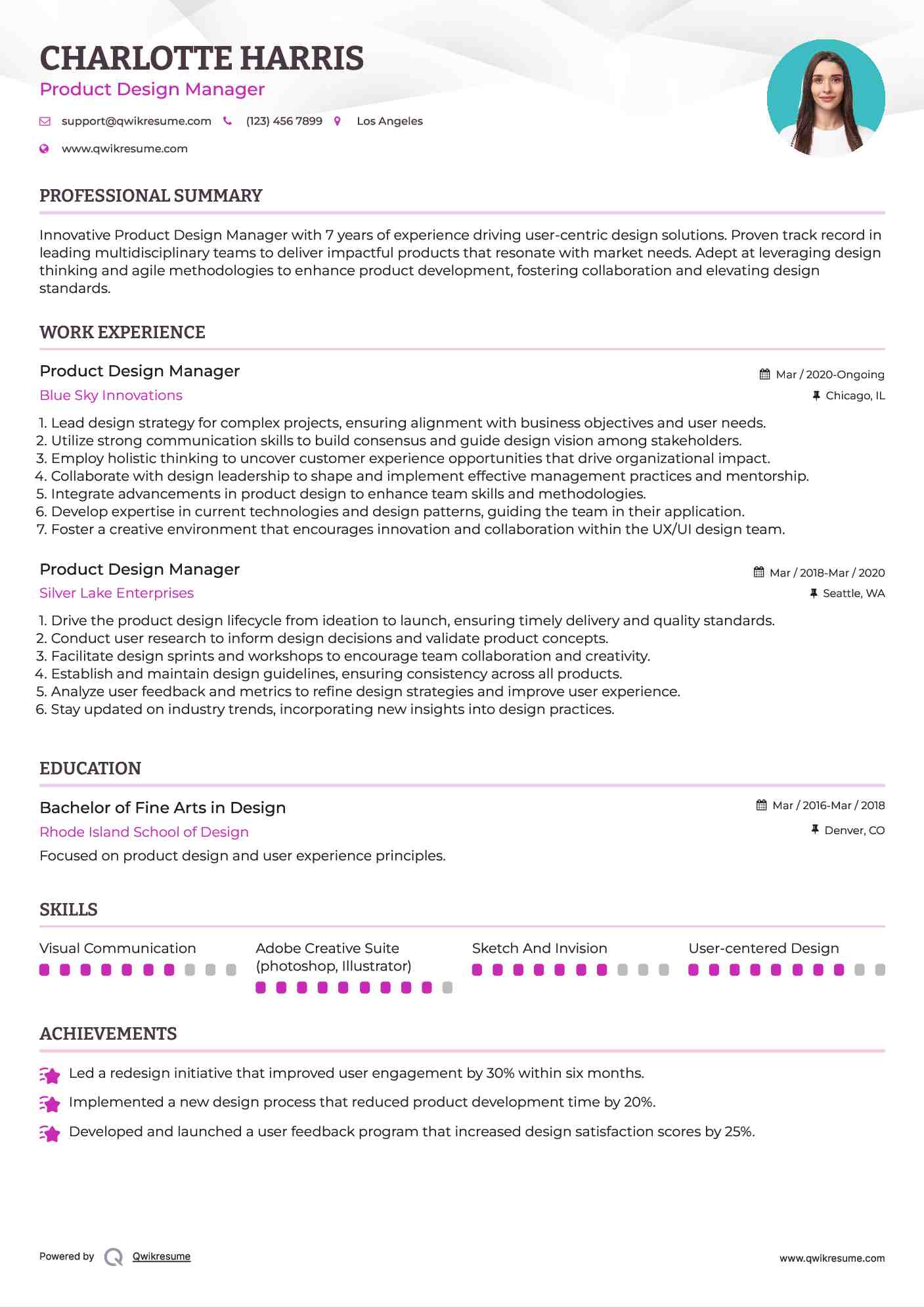 Product Design Manager Resume Sample