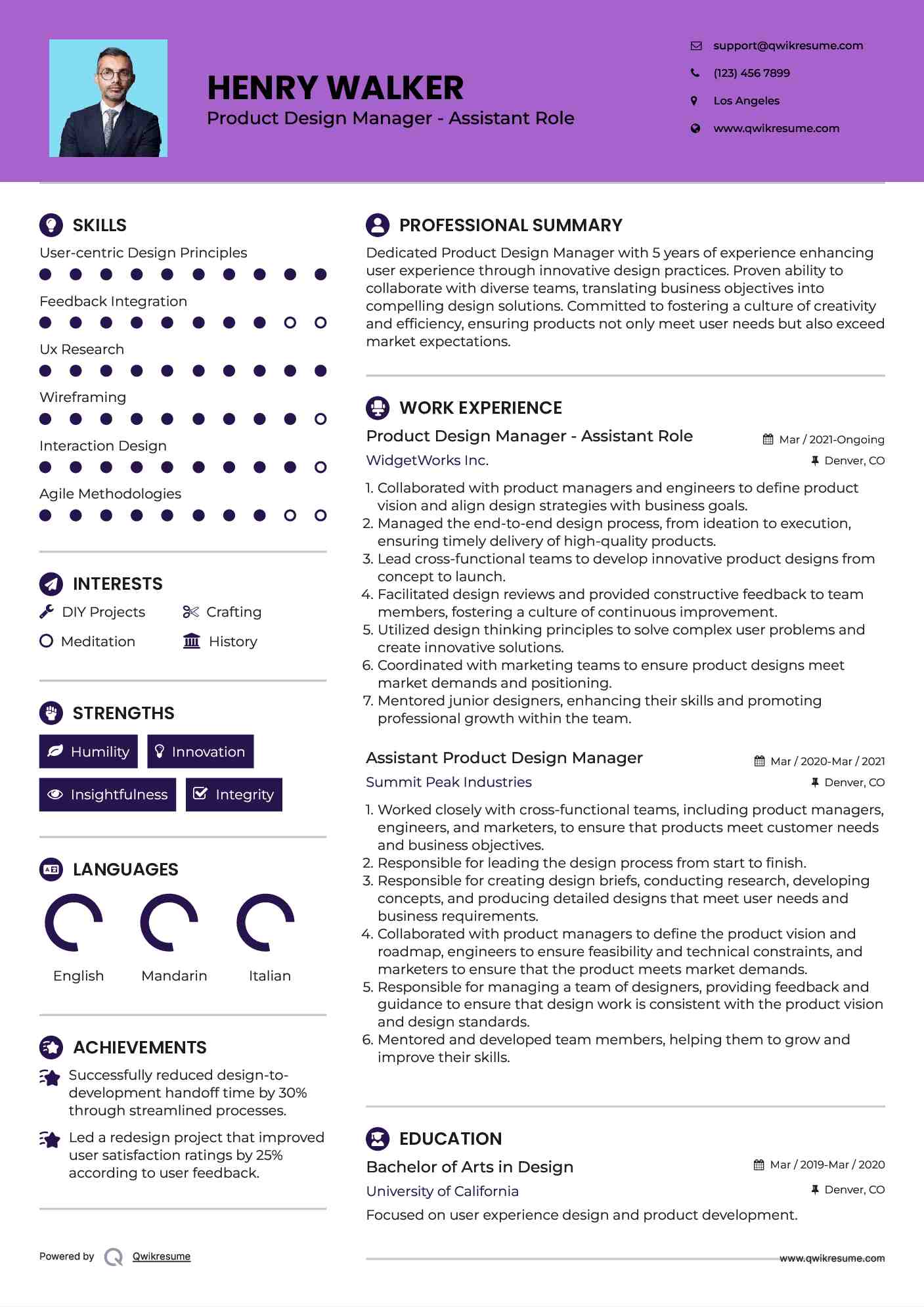 Product Design Manager - Assistant Role Resume Example