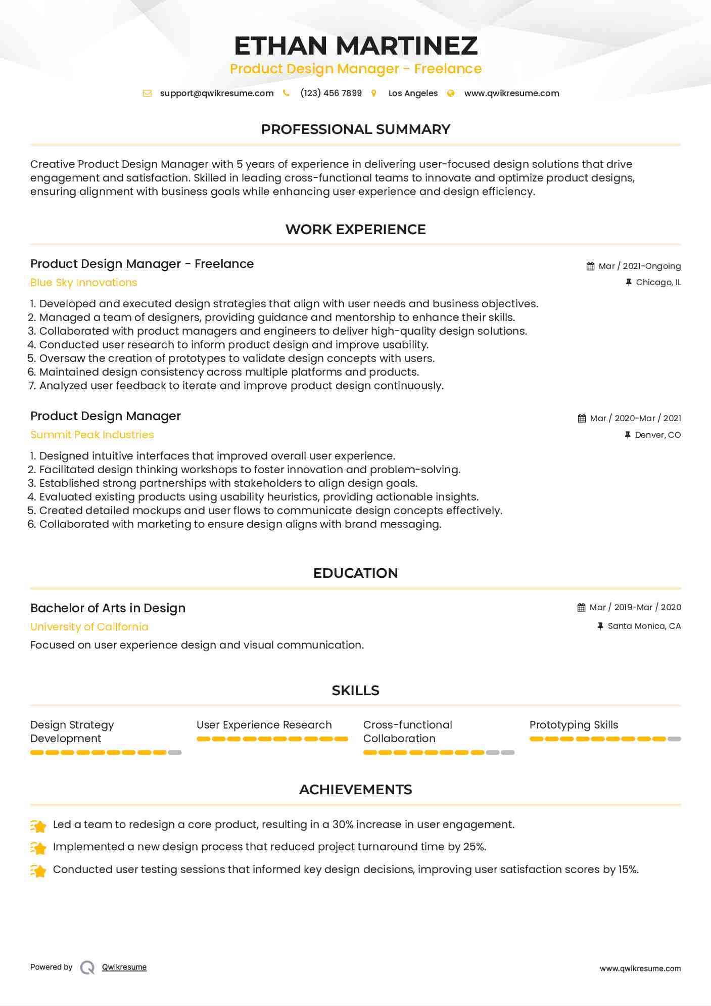 Product Design Manager - Freelance Resume Sample