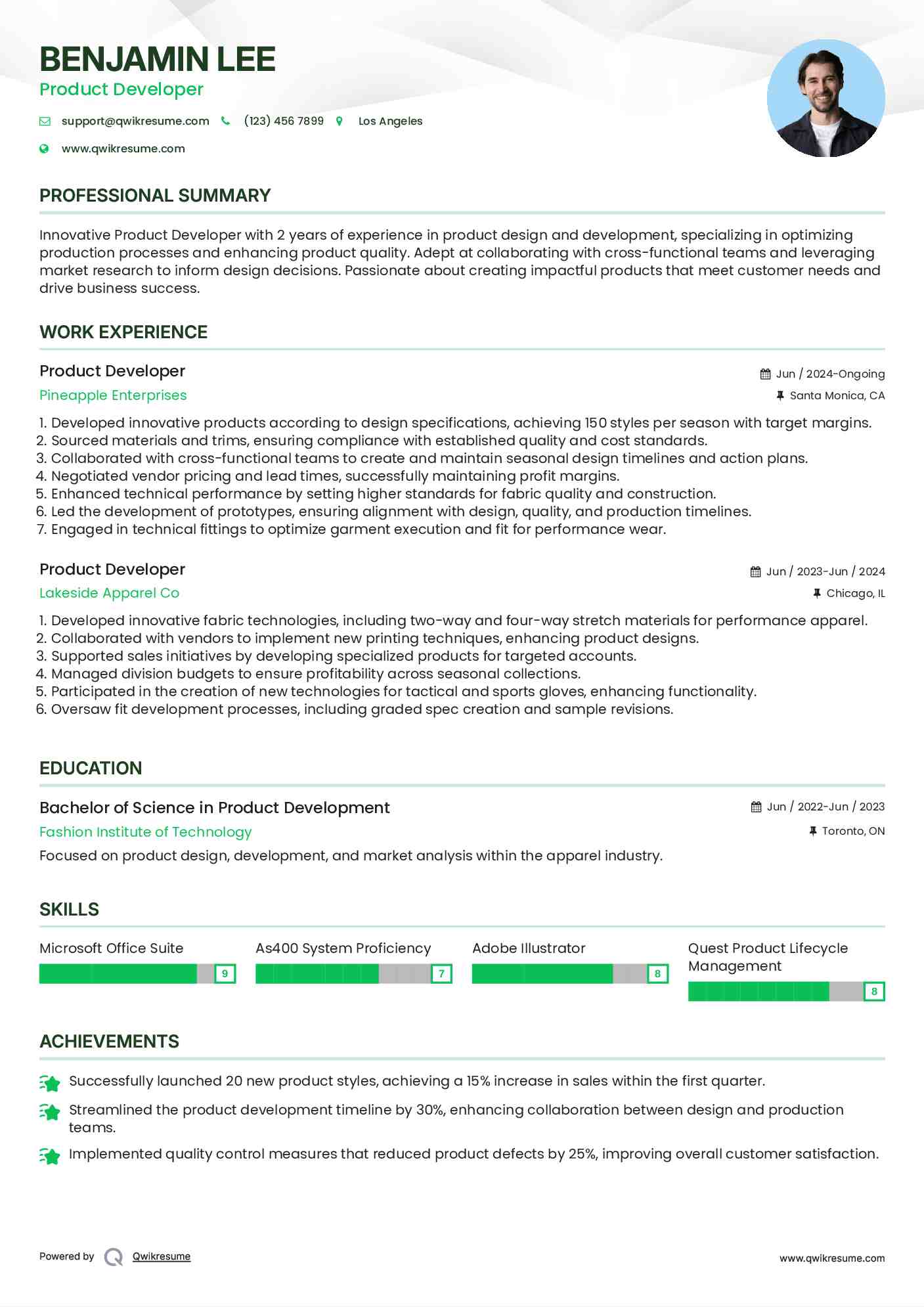 Product Developer Resume Format