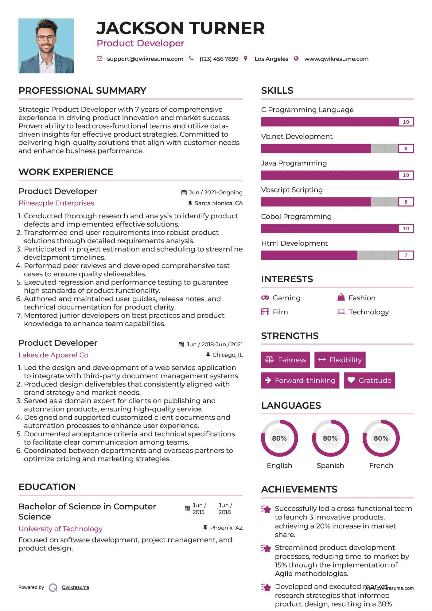 Product Developer Resume Sample