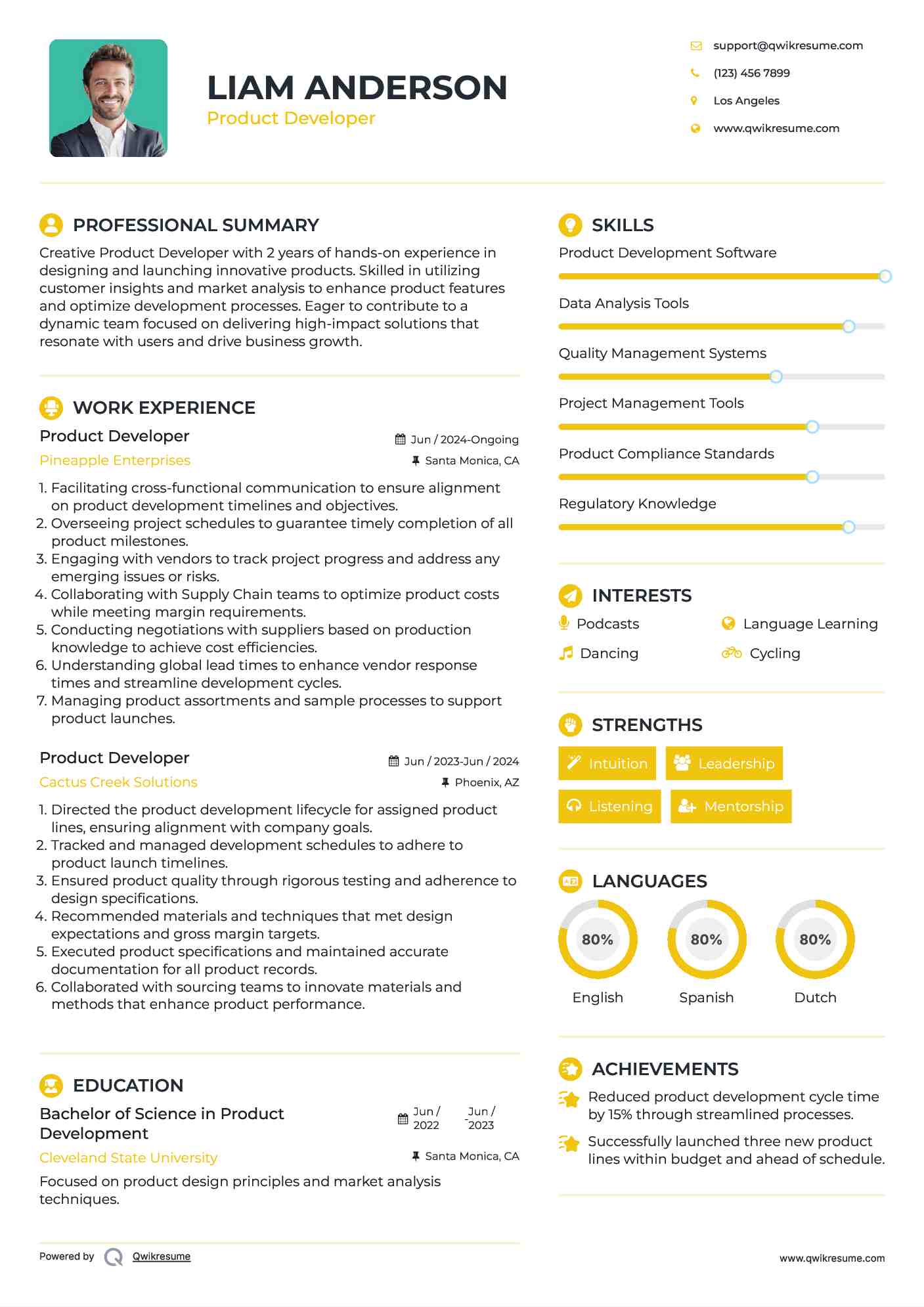 Product Developer Resume Template