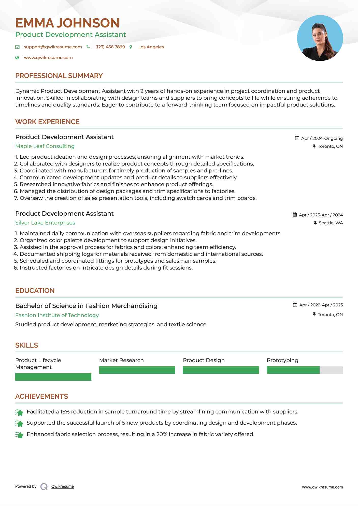 Product Development Assistant Resume Format