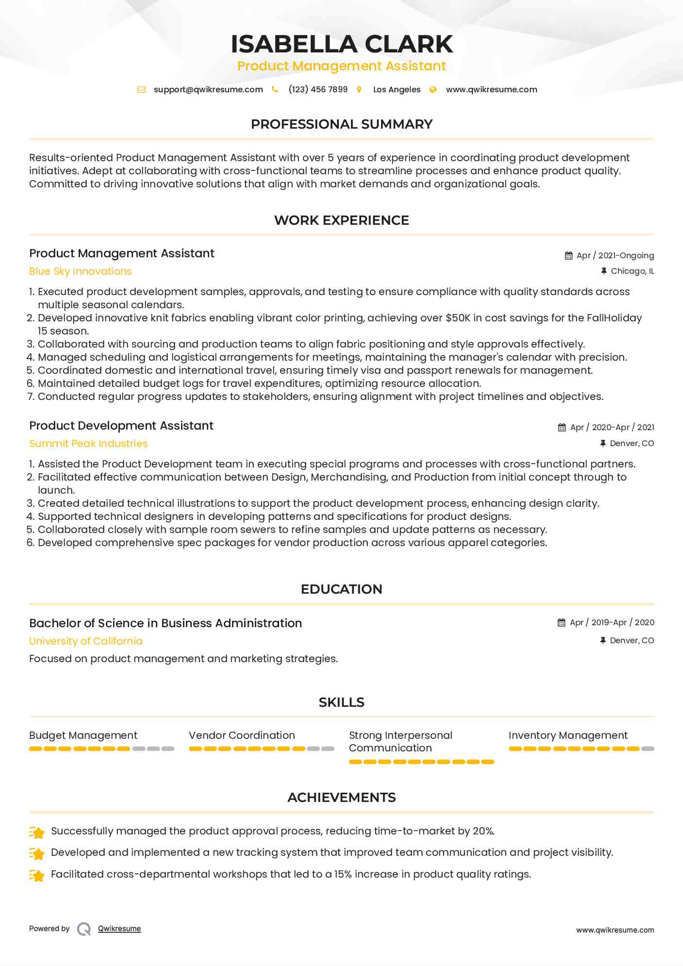 Product Management Assistant Resume Model
